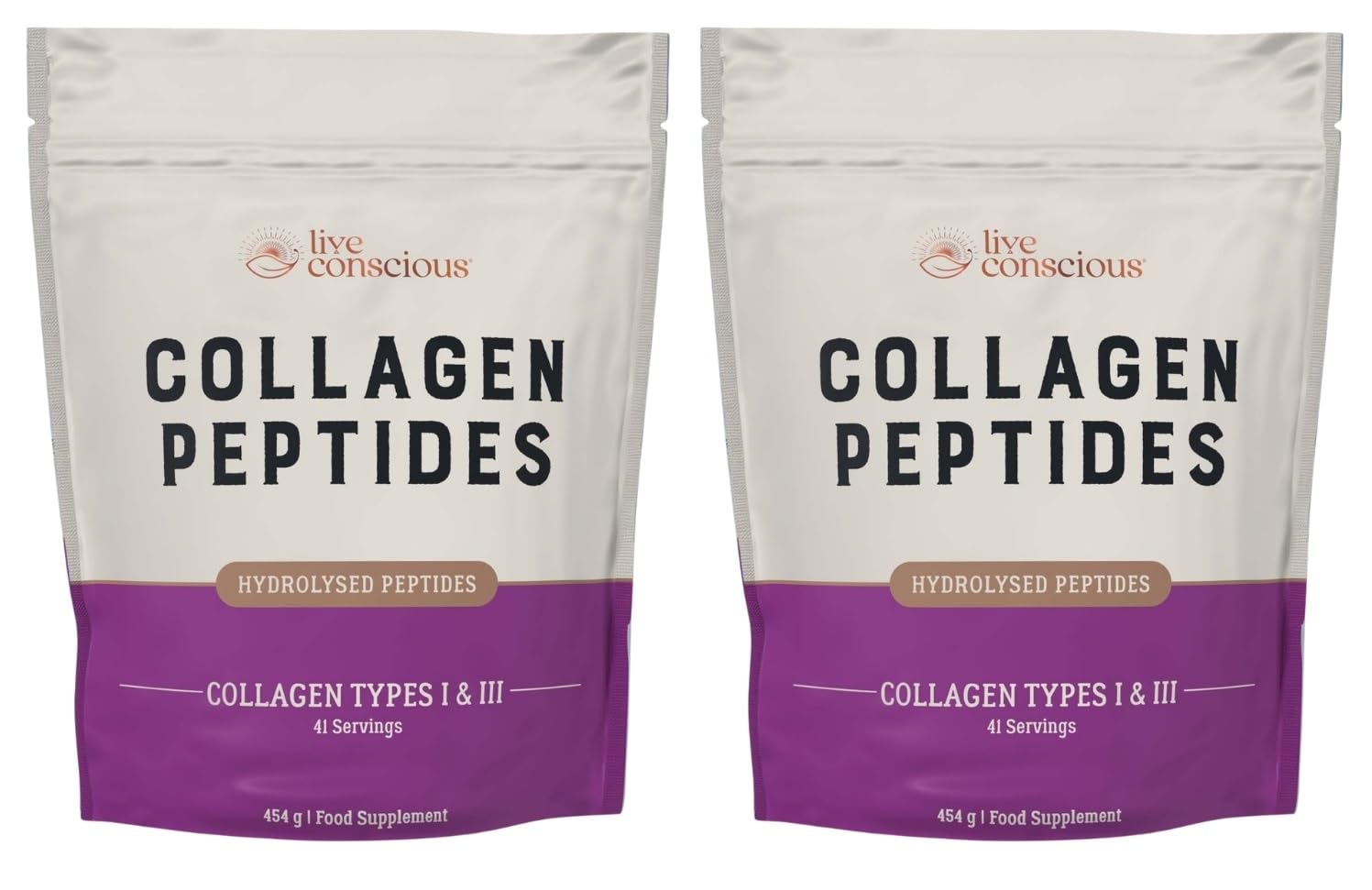 Live Conscious Collagen Peptides Powder - Hair, Skin, and Nail Joint Support - Type I & III Collagen - Naturally-Sourced Hydrolysed Protein - 82 Servings - 908 g (2-Pack)