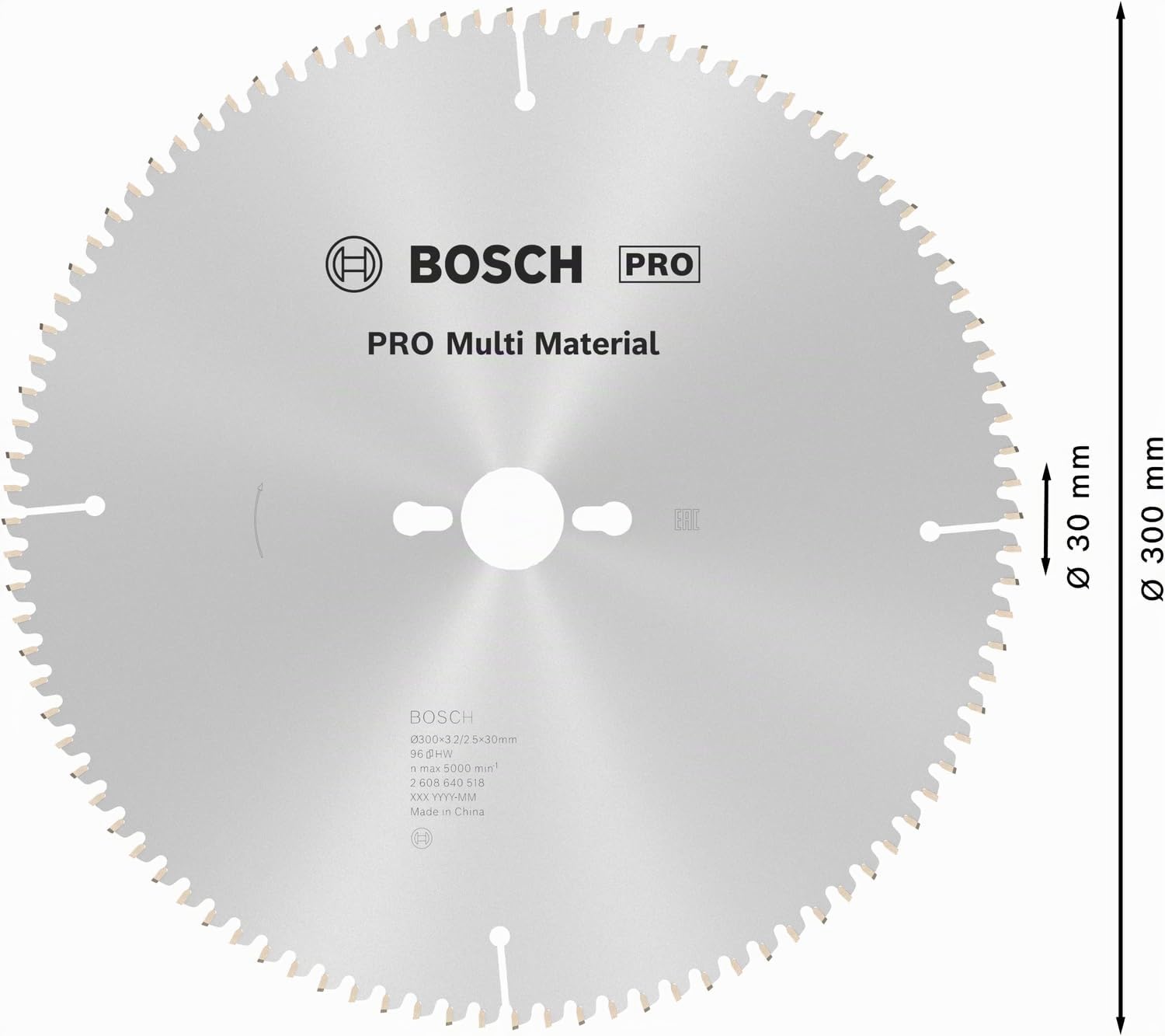 Bosch Professional 2 608 640 518 - Disco de sierra circular Multi Material, 96 de dientes, 300 x 30 x 3.2 mm, 1 unidad