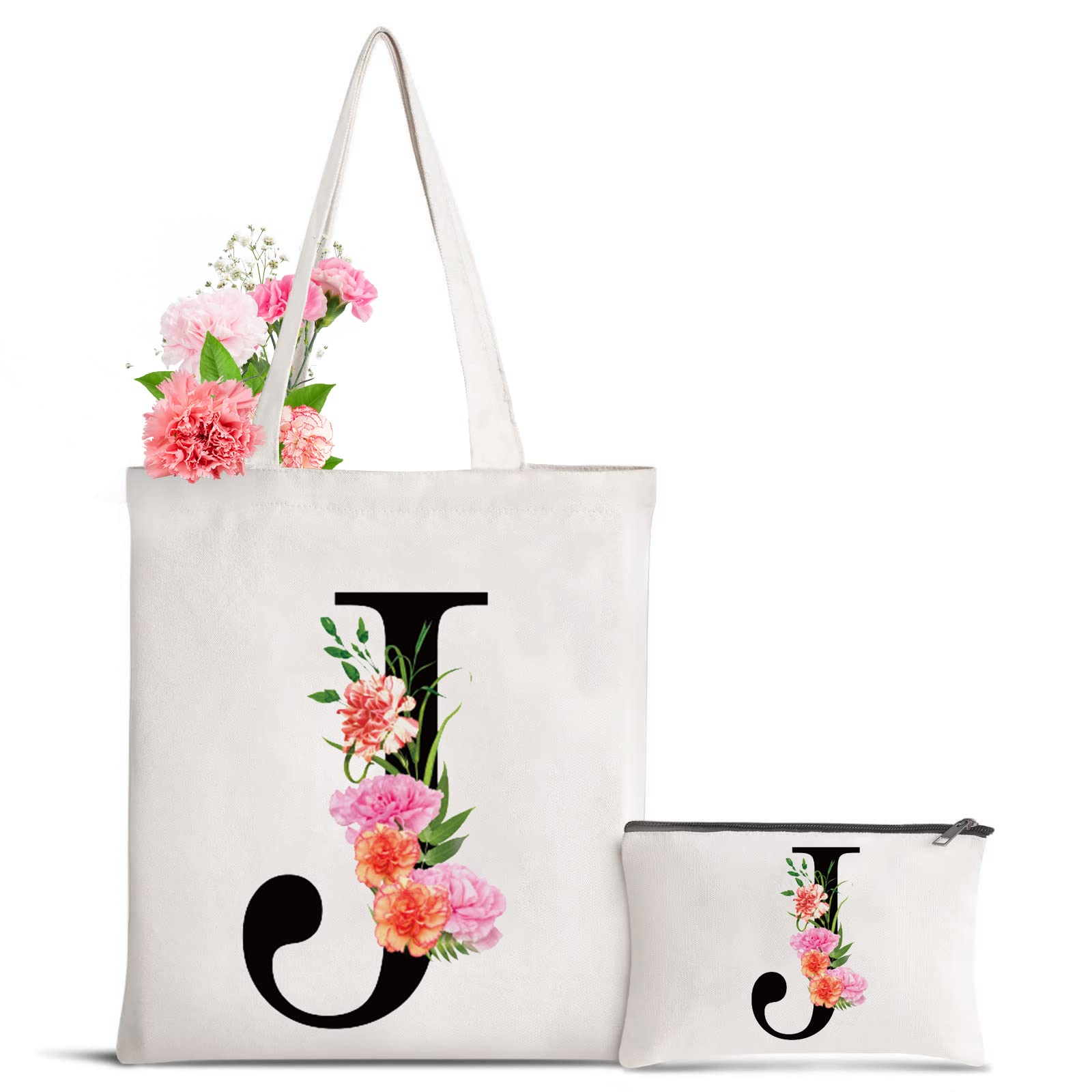 Sanuurfky Letter Initial Canvas Tote Bag Personalized Present Bag Gift for Mother's Day Bridesmaids Bride Birthday Wedding