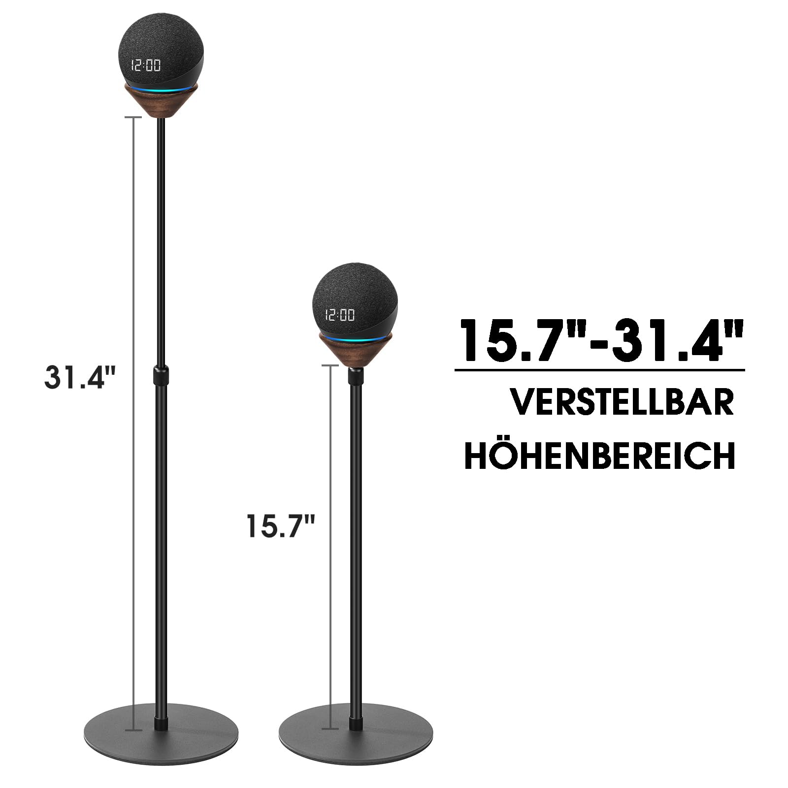 Supporto Da Pavimento Per Echo Dot 4a E 5a Gen, Regolabile 40-80 Cm, In Metallo Con Vassoio Noce E Base Antiscivolo