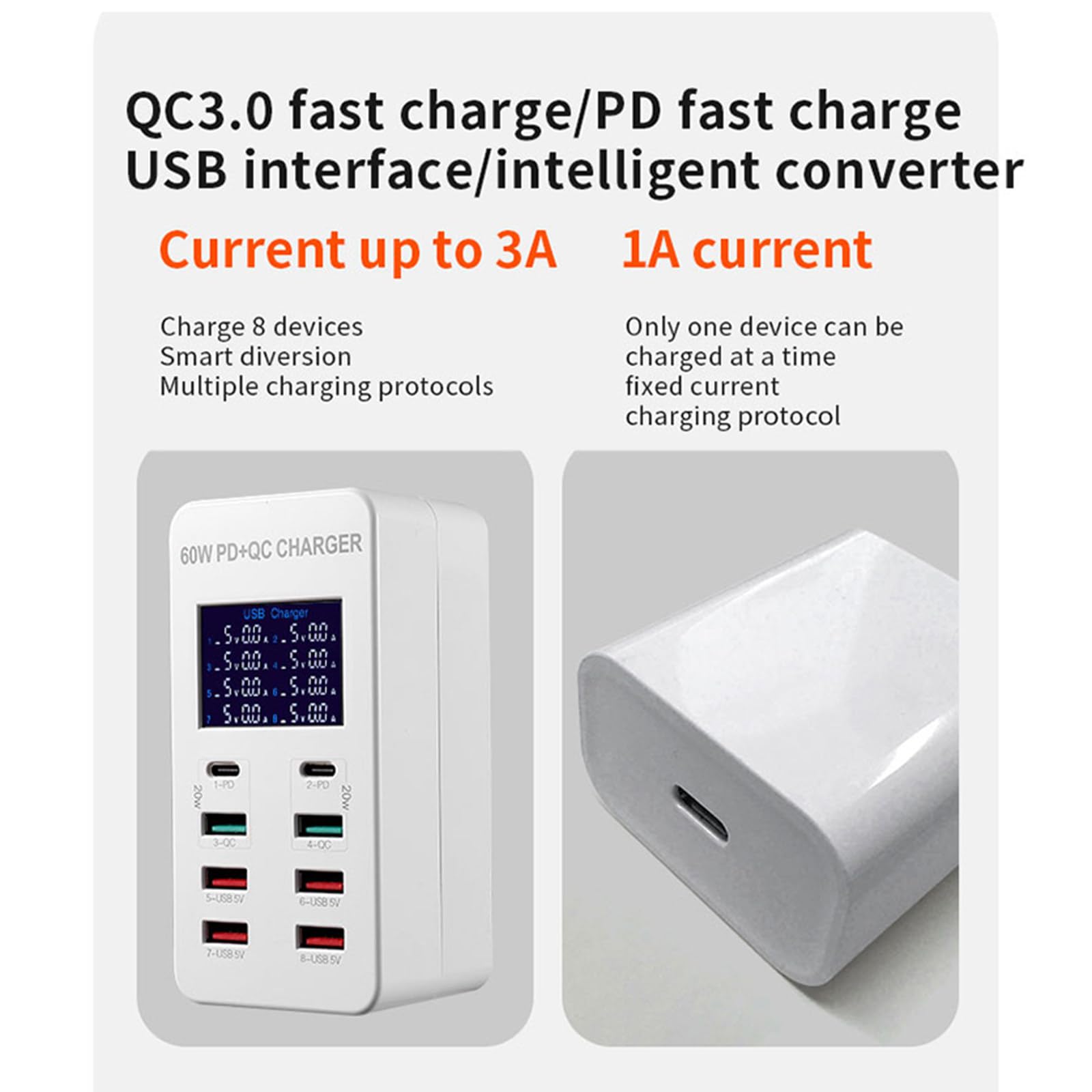 Caricabatterie USB a 8 porte Caricabatterie per telefono 60W 8A Prese USB multiple con display a LED Hub stazione di ricarica per tablet telefono