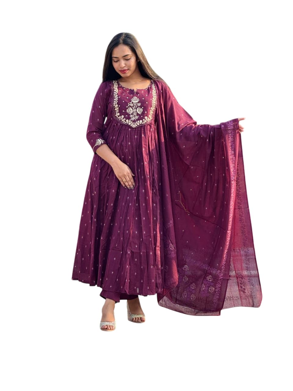 Women's Cotton Embroidery Anarkali Kurti and Pant with Dupatta Set-picture-18