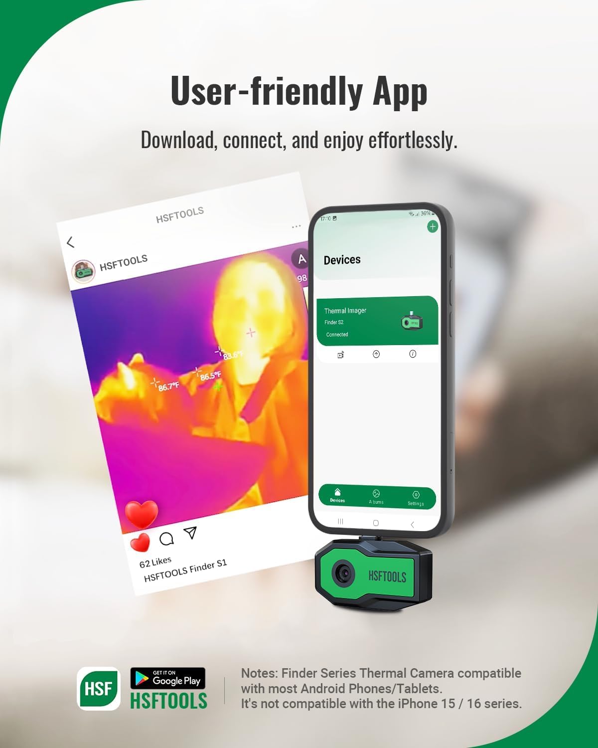 HSFTOOLS Finder S1 - Cámara térmica para Android, resolución IR de 96 x 96 con súper resolución en vivo, cámara térmica para teléfonos y tabletas Android, funda de transporte, USB-C (no para iPhone)