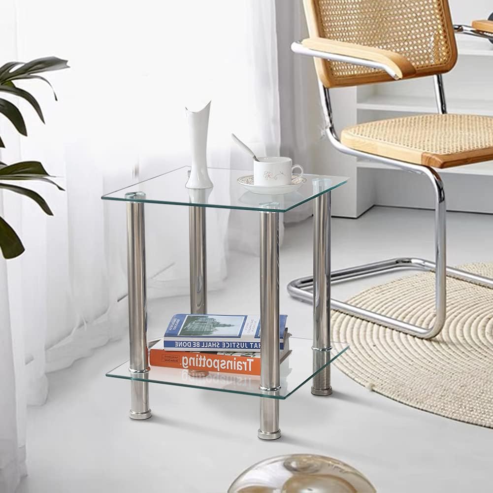 GOLDFAN 2Tier Small Glass Coffee Table Corner Side End Table with