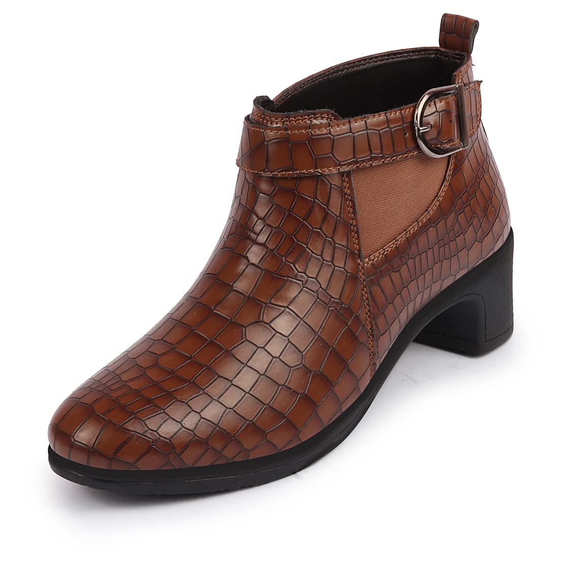 FAUSTO FST KI-255 TAN-38 Womens Tan Flared Heel Mid Top Leopard Print Embossed Buckle Strap Chelsea Boots (5 UK) (B0BRJQ9LBZ) Amazon Price History, Amazon Price Tracker