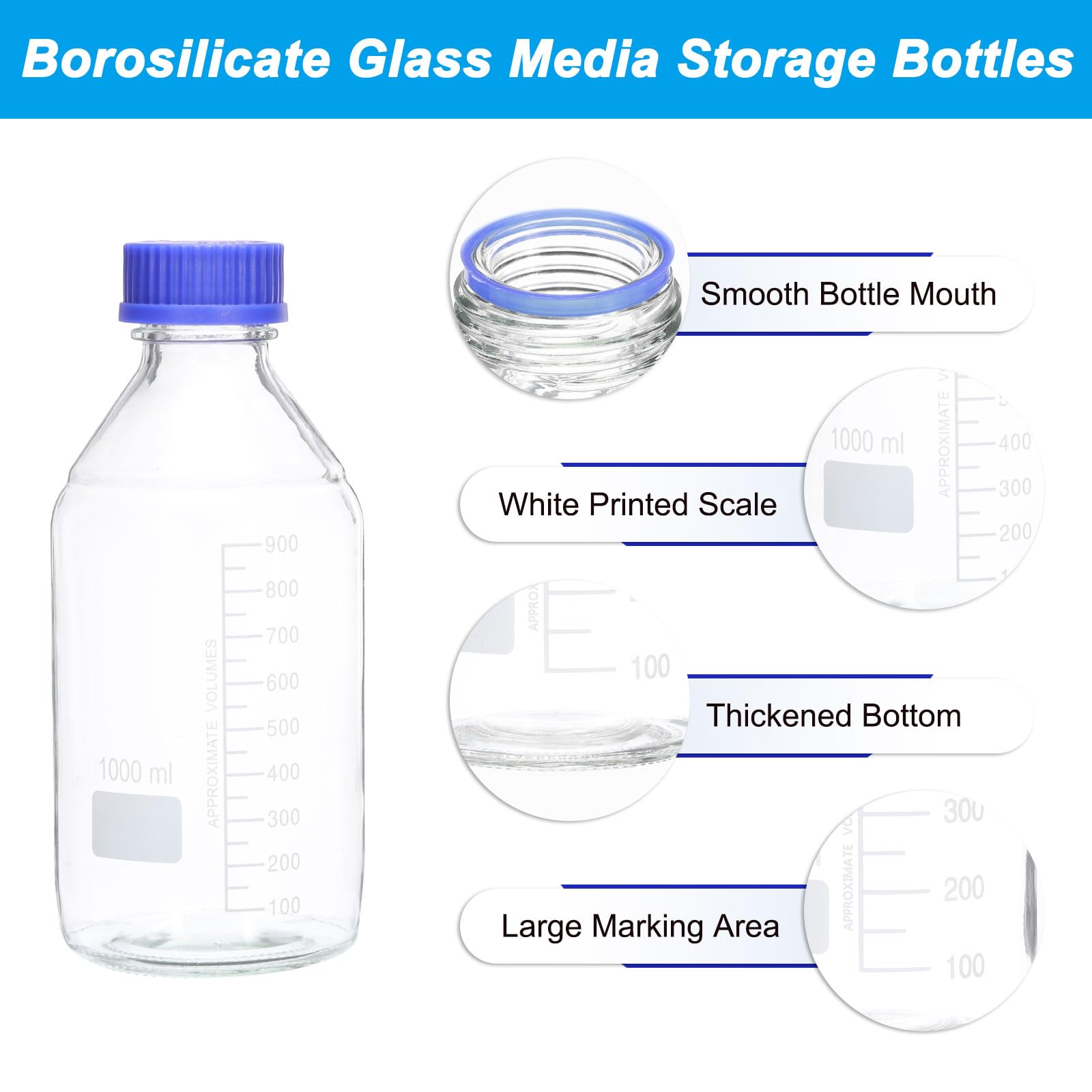 PATIKIL 8er Pack Reagenzgläser Medienlagerflaschen 1000ml Borosilikatglas Graduierte Runde Flaschen Mit GL32 hellblauer Schraubverschluss Für Labor Wasser Reagenzflüssigkeiten Klar