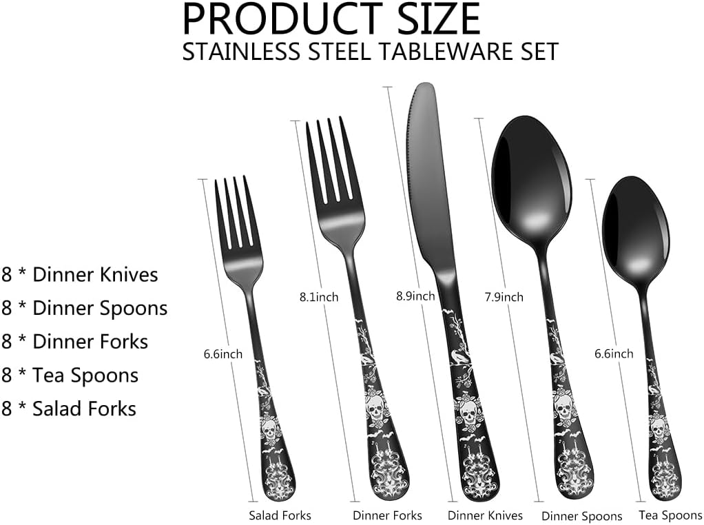 XIAOYU 40 Piece Black Bizarre Skull Silverware Set, Gothic Stainless Steel Flatware Set Serving for 8, Unique Skull/Crow/Flower/Bat Pattern Design, Halloween Cutlery Set Festival Tableware Utensils
