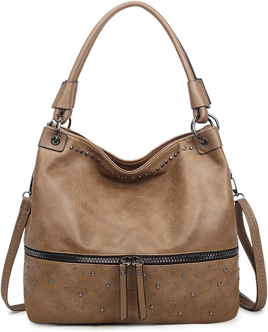 myfriday Vintage Hobo Shoulder Bag for Women Soft Leather Bucket Tote Bag Fashionable Structured Purse with Rivet Detail