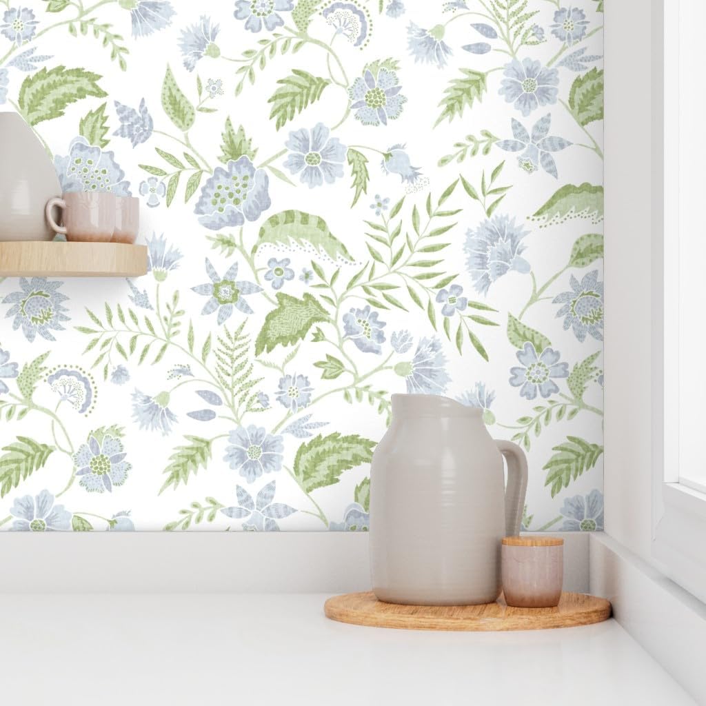 Spoonflower Peel & Stick Wallpaper Swatch - Boho Floral Modern Chintz Garden Vine Cottagecore Farmhouse Blue Green Custom Removable Wallpaper