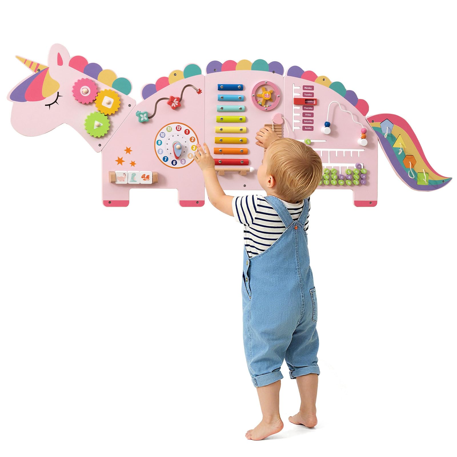 COSTWAY Montessori Busy Board, drewniana deska motoryczna 11 w 1 z ksylofonem, bloki, zegar, liczydło i części obrotowe, motoryka, zabawka Montessori, zabawka motoryczna dla dzieci od 1 roku życia