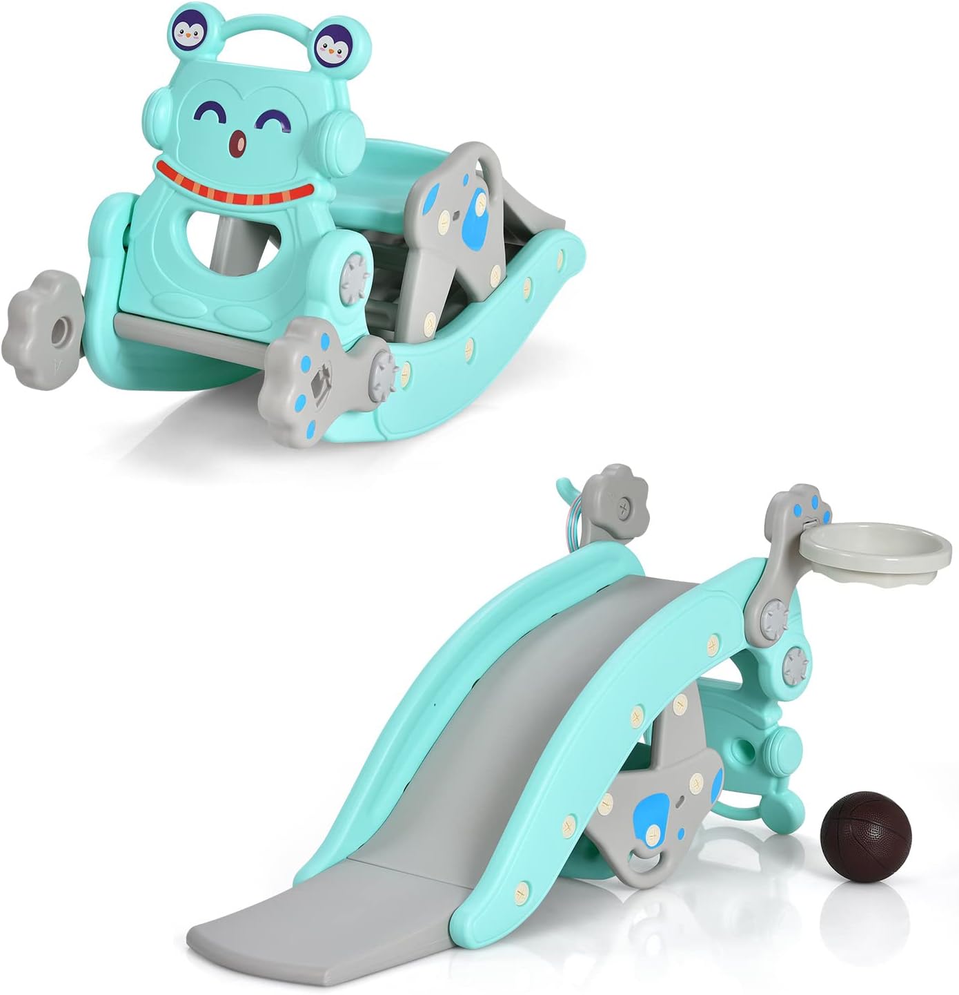 GOPLUS 4 en 1 Tobogán y Caballo basculante multifuncional con cesta de baloncesto, juego de lanzar anillos para niños con asiento extraíble, adecuado para guardería, habitación infantil (azul)