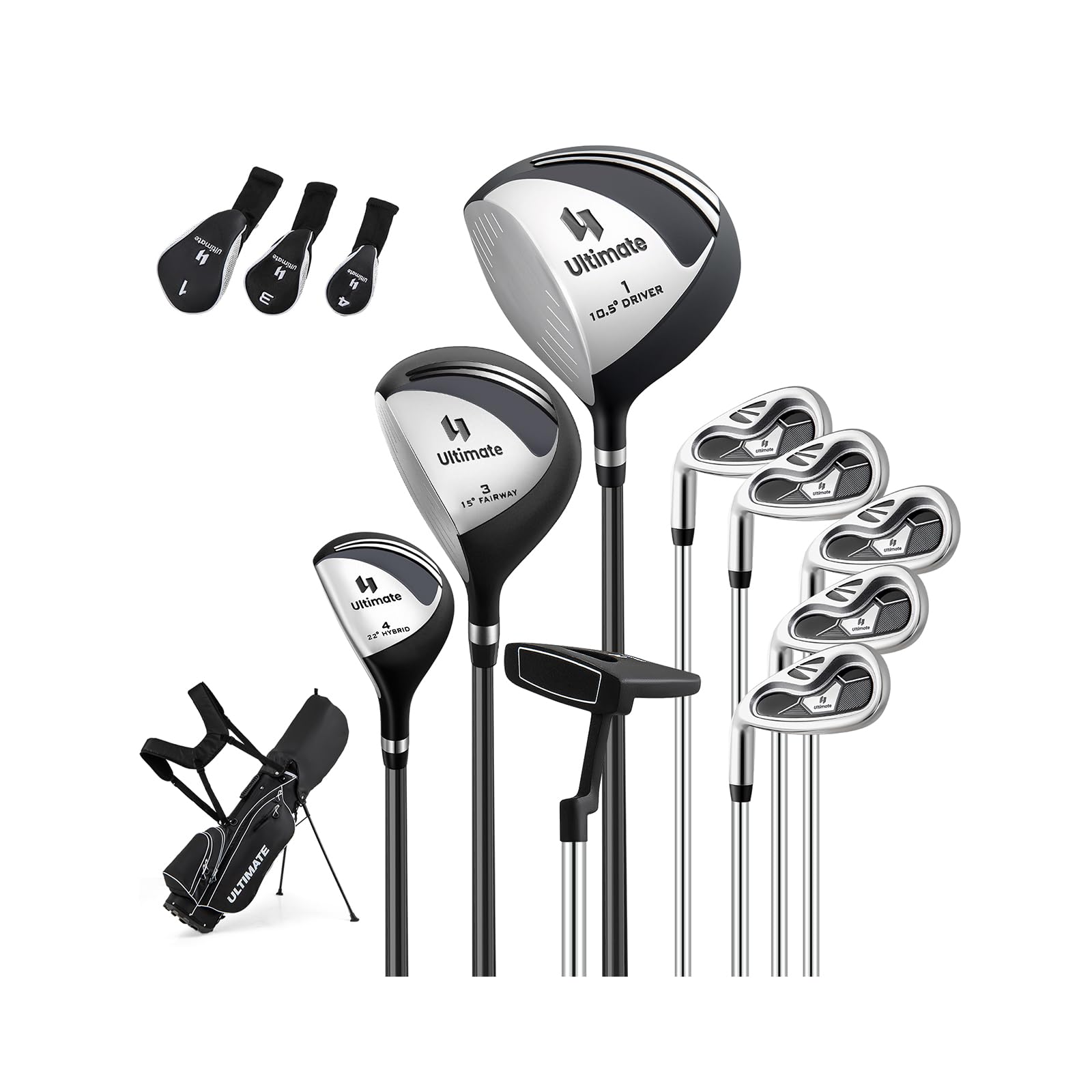 COSTWAY Set Completo di Mazze da Golf per Mancini da Uomo, Borsa Portatile con Supporto e Cappuccio Antipioggia, Include Driver 1 da 460CC, Fairway 3, Ibrido 4, Ferri 6, 7, 8, 9, P e Putter