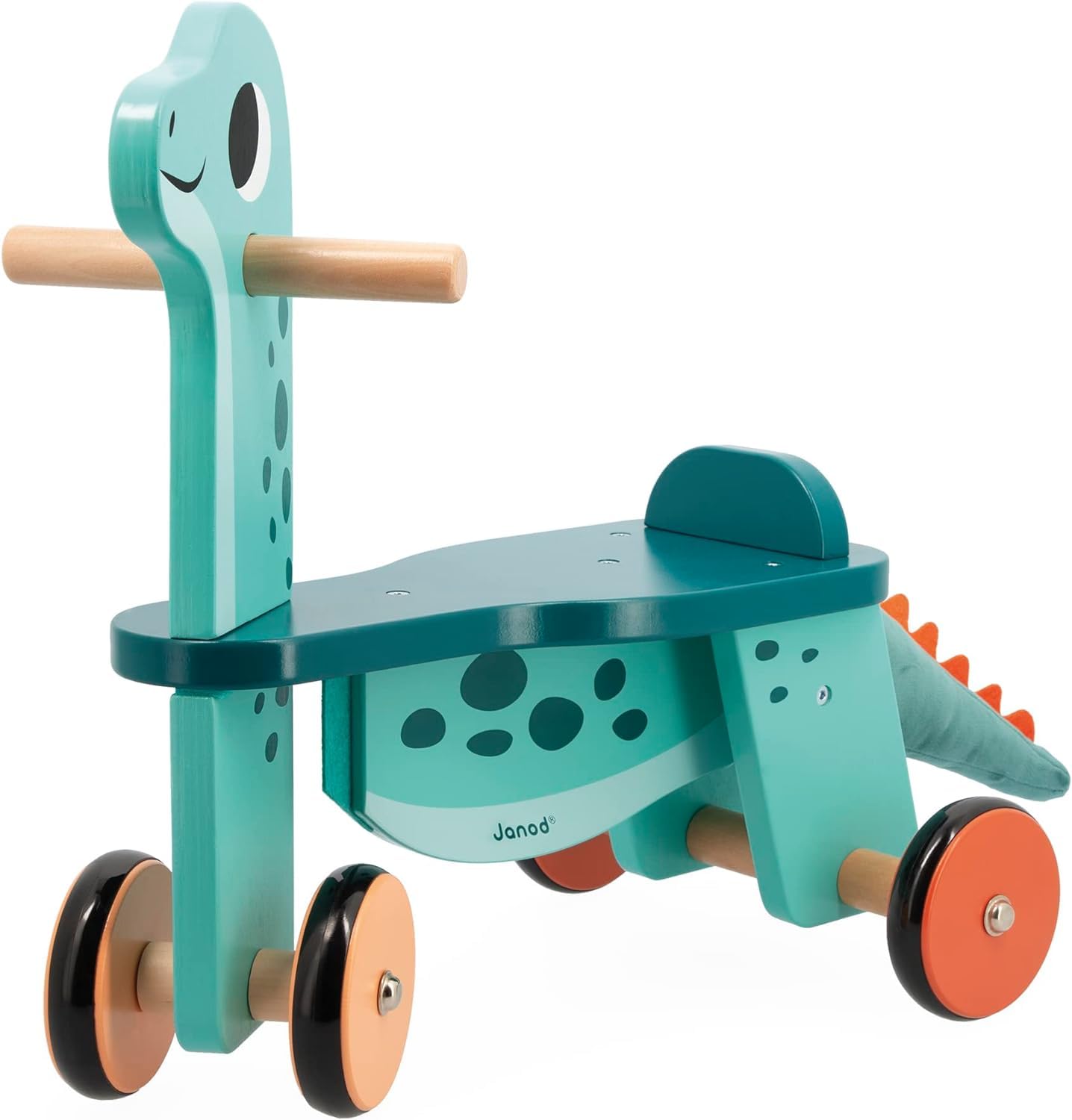 Janod - Cavalcabile Dinosauro Portosauro - Altezza Sedile 21 cm - Coda Peluche Removibile - Giocattolo Multisensoriale Legno FSC - dai 12 Mesi, J05828