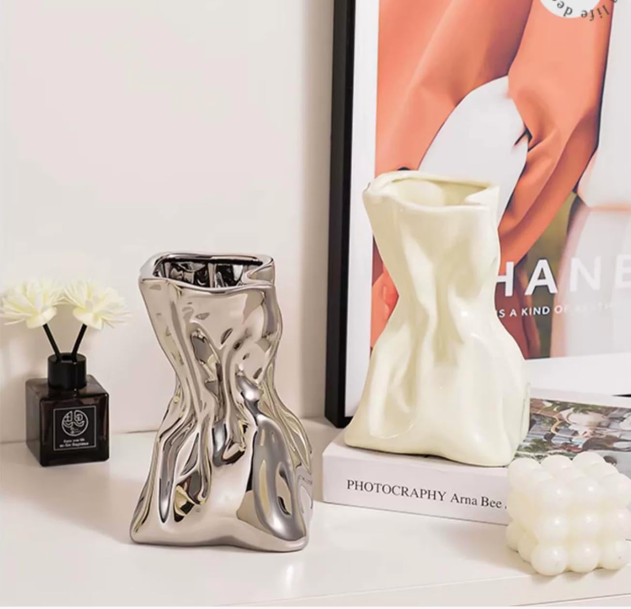 Crinkle Grab Paper Bag Shape Ceramic Vase Silver Chrome Flower Vase Small Bud Vase for Decor Minimalist Boho Vase for Bookshelf Decorative (L 6.1in X H 3.9in, Silver)