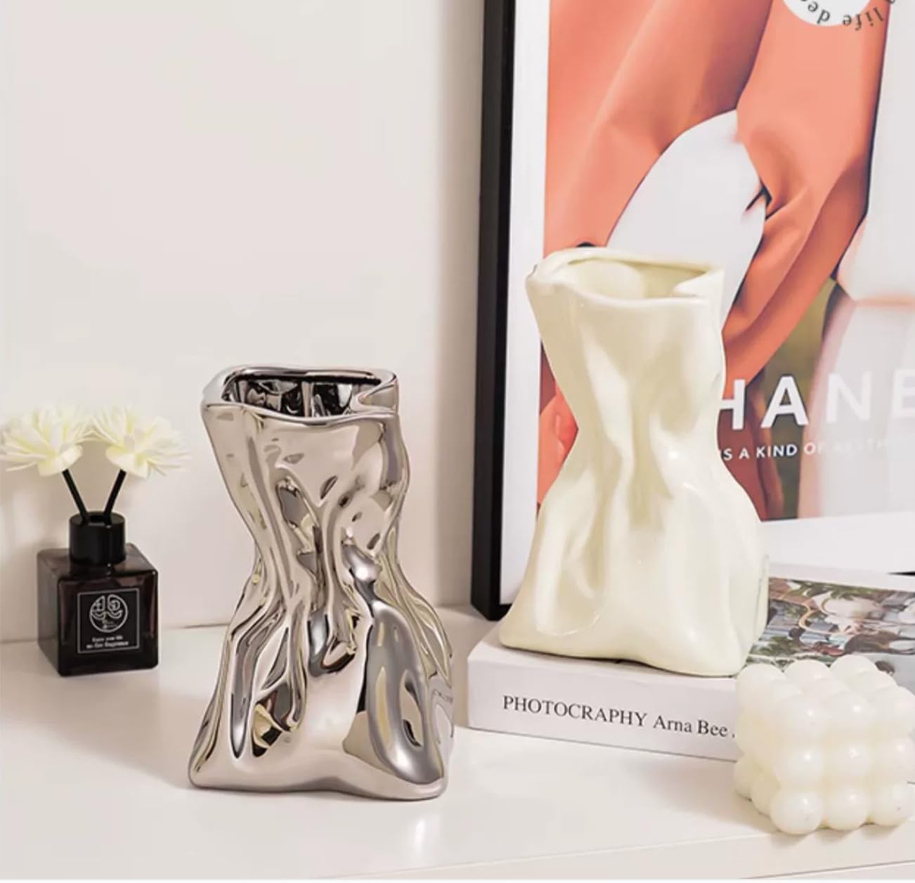Amazon.com: Crinkle Grab Paper Bag Shape Ceramic Vase Silver