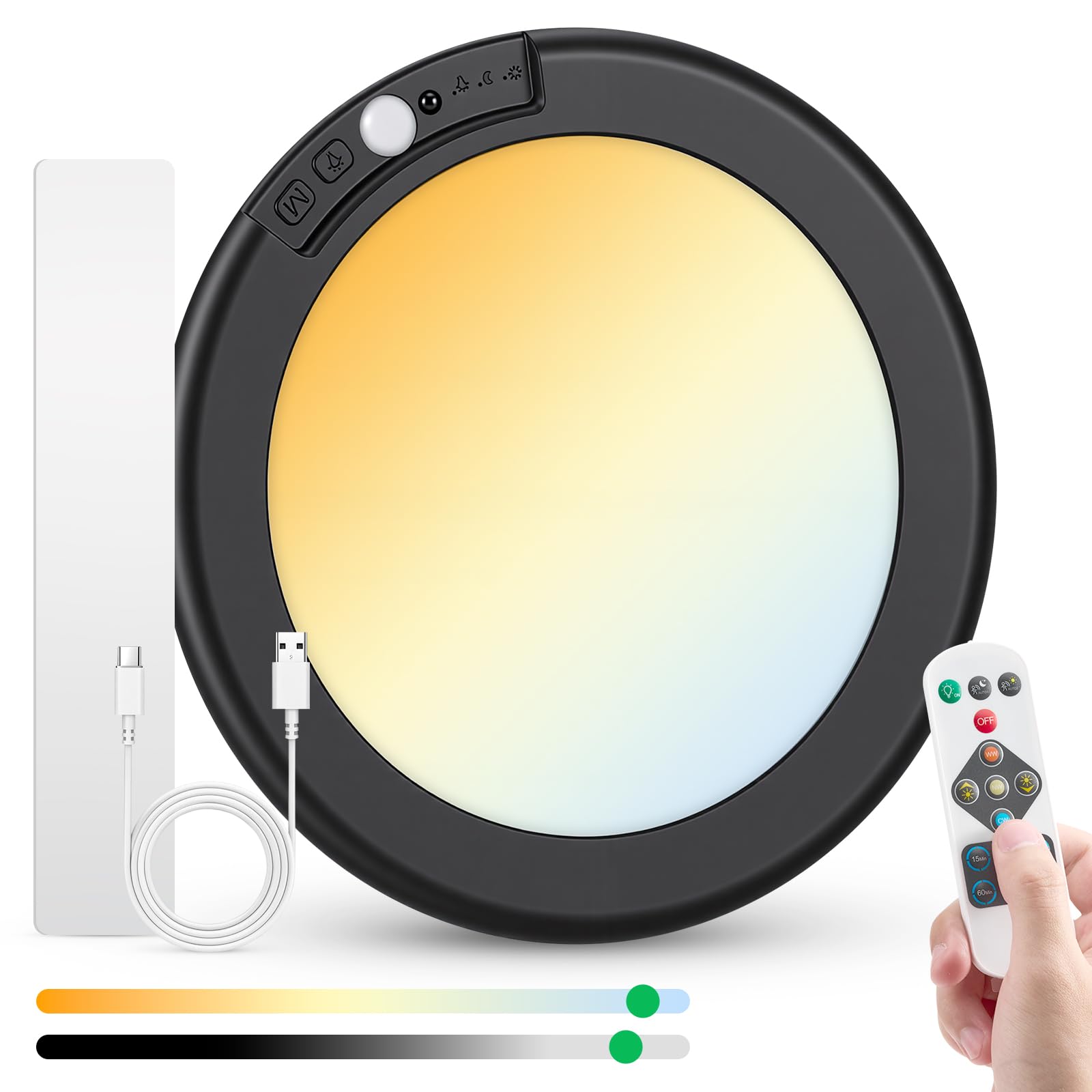 Bojim Lampe de placard rechargeable sans fil avec détecteur de mouvement 6000 mAh alimentée par piles, luminaire de douche magnétique avec télécommande et minuterie à intensité variable pour buanderie