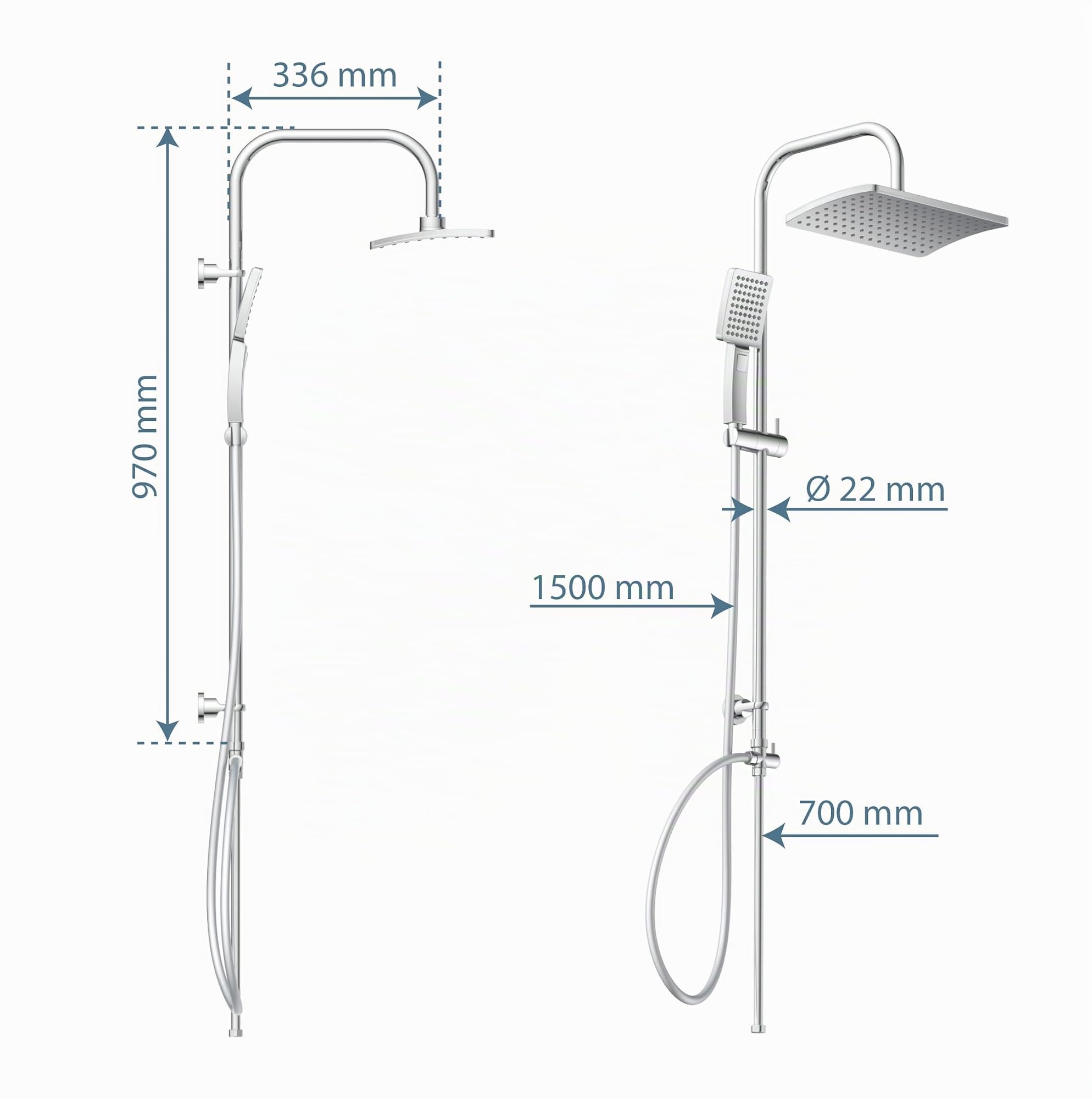 SCHÜTTE Kit de douche Malorca - Colonne de douche avec grande douche à effet pluie - Douchette à main avec 3 types de jets - Système de douche avec barre de douche réglable en hauteur - Chromé