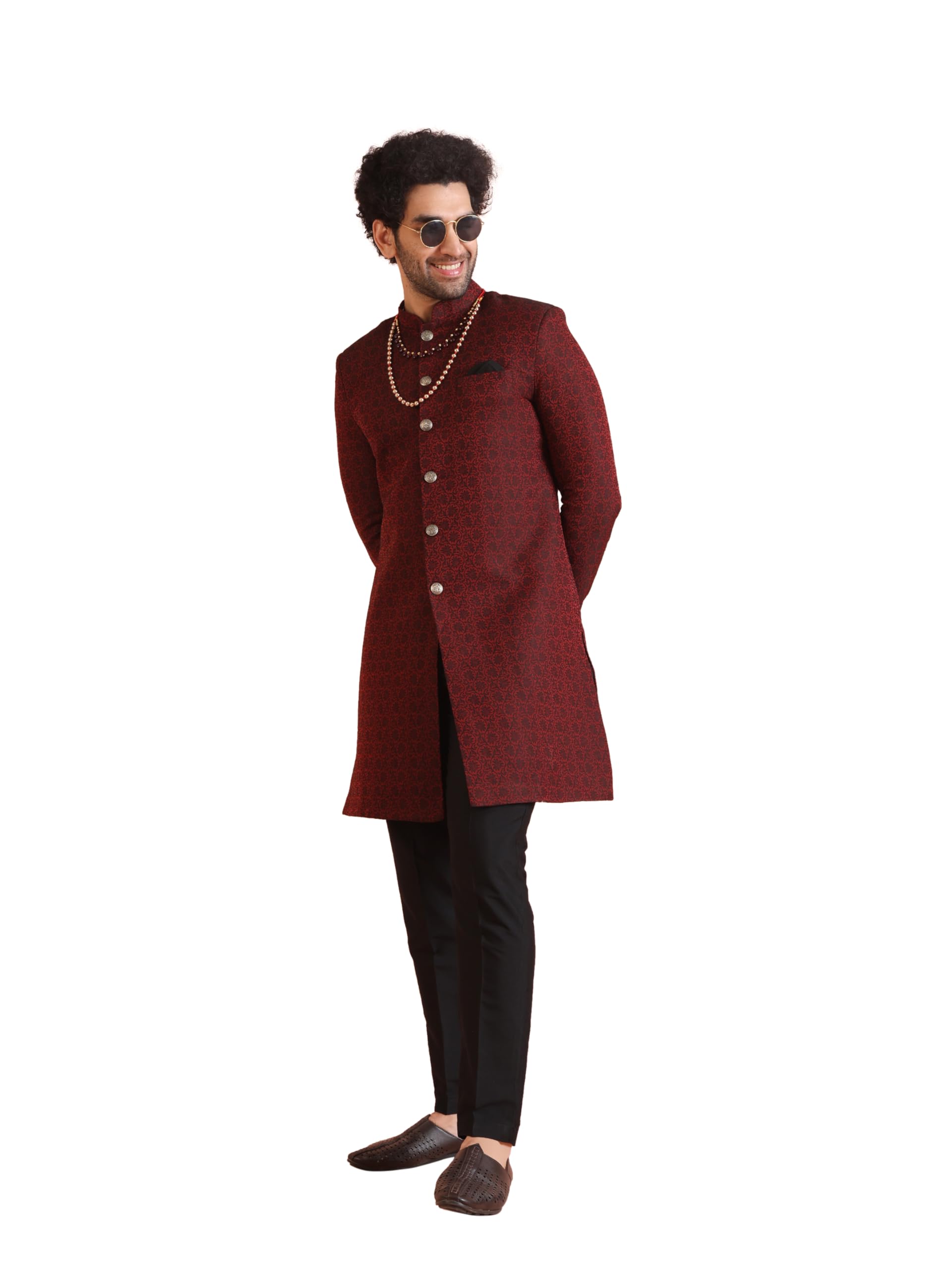 kisah Men's Cotton Blend Full Sleeves Regular Fit Woven Design Maroon Indo-Western Sherwani Trouser Set-picture-26