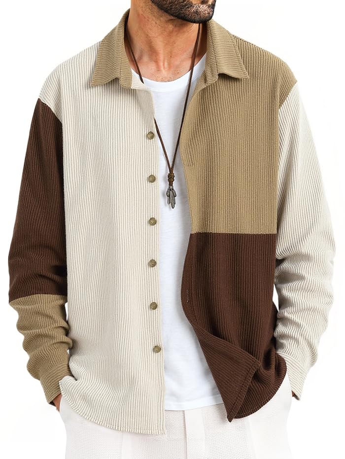 ZAFUL Men's Corduroy Shirt – Colorblock Long Sleeve Button Up Fall Casual Shirt