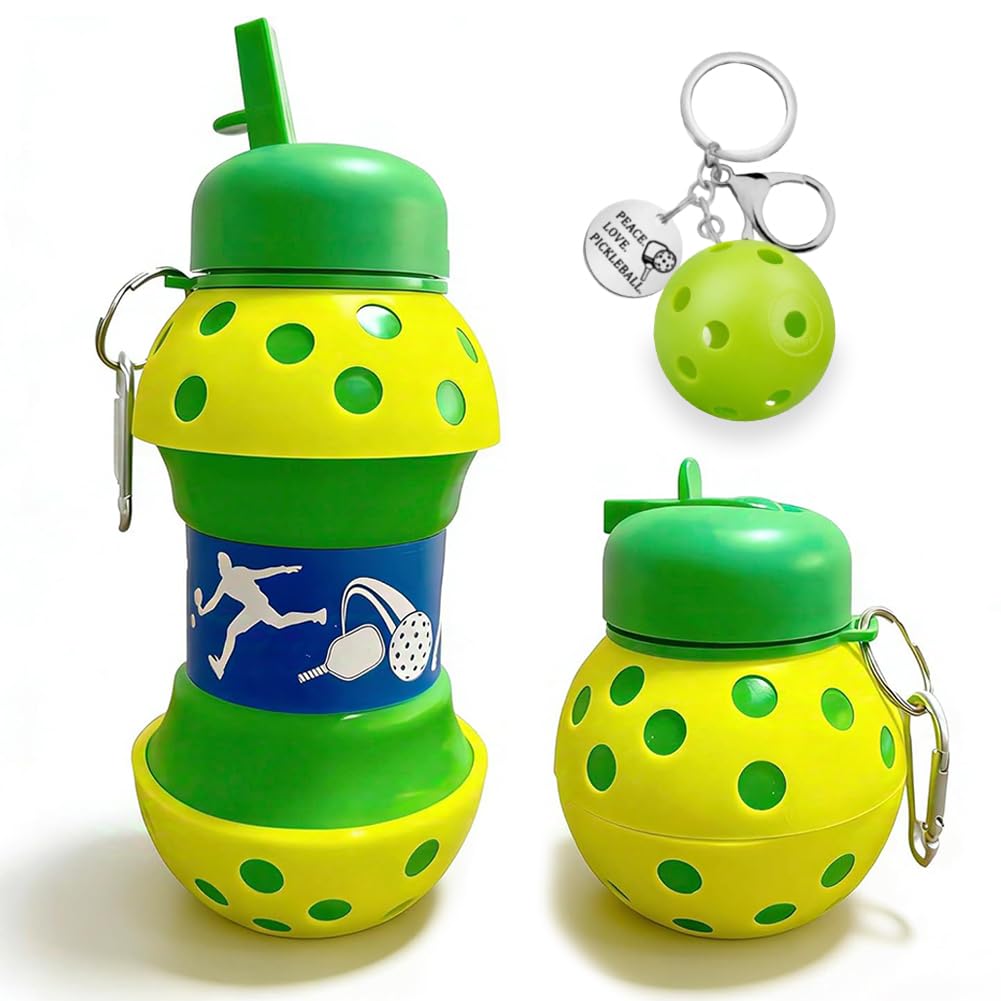 KMFASVX Pickleball Collapsible Water Bottle 550ML,Foldable Sports Silicone Water Bottle with Keychain, BPA Free,Portable Pickleball Themed Collapsible Bottles for Outdoor,Camping,Travel