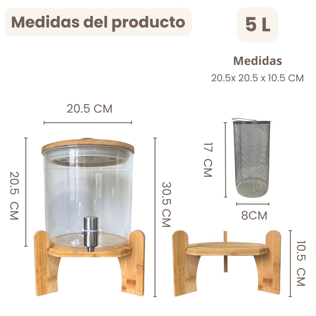 Dispensador de Bebidas de Cristal con Grifo, Piedras Terapéuticas, Tapa y Soporte Madera de Bambú - Incluye Filtro para Mezclar en Interior - 5 Litros