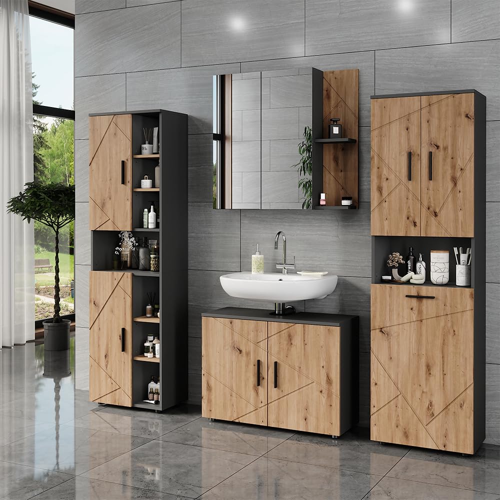 Vicco Hochschrank Irma, Anthrazit/Goldkraft Eiche, 50 x 172 cm mit 2 Türen, mit integriertem Wäschekorb zur Trennung von Wäschearten