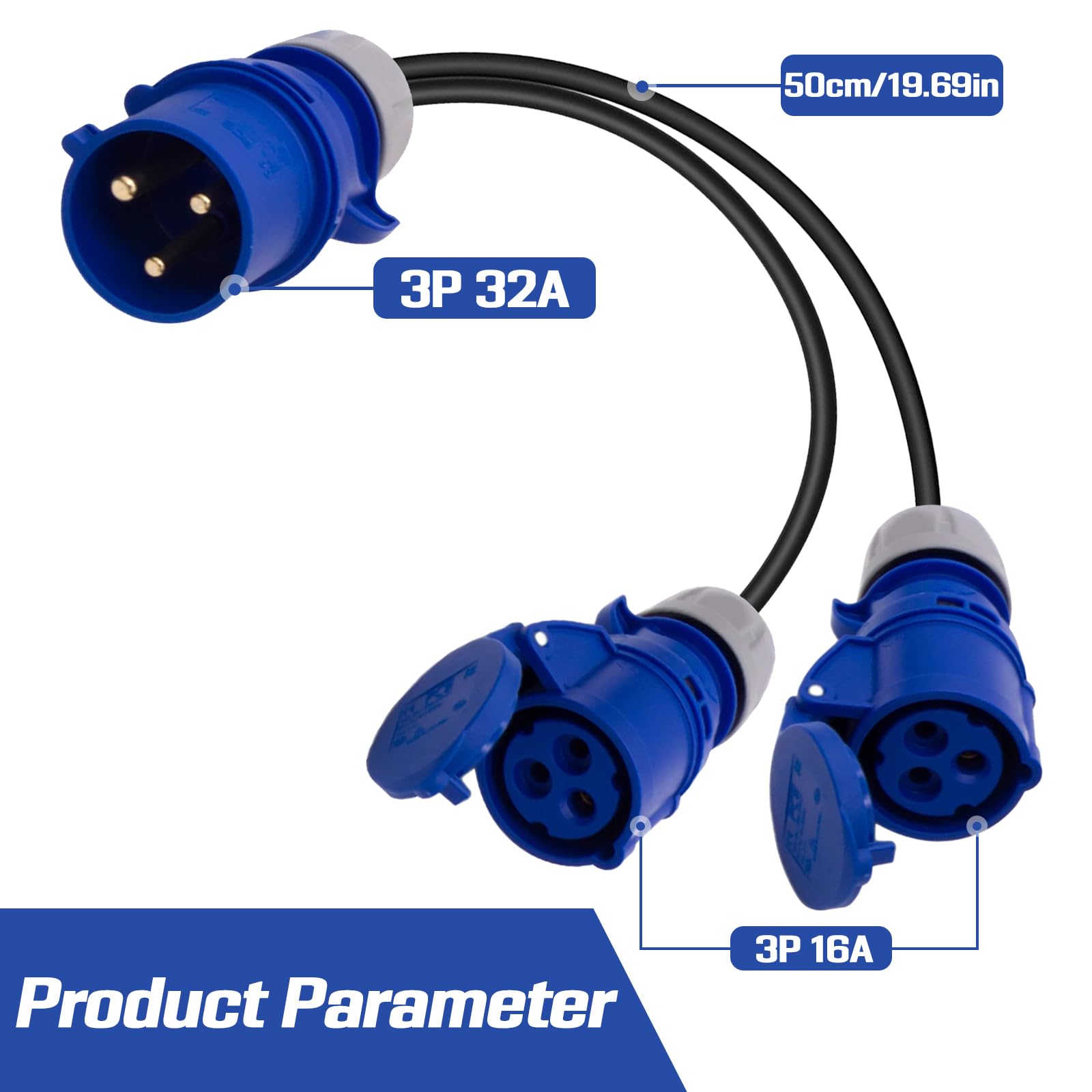 Spina da 32 A a 2 prese da 16 A, splitter di alimentazione a 2 vie, distributore generatore, adattatore per roulotte, con cavo di collegamento da 0,5 m, IP44