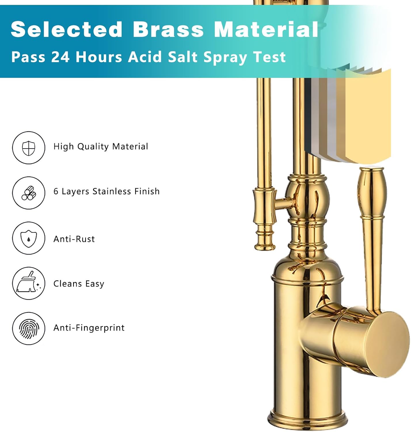 Copper Kitchen Faucet, Single Handle, 360 Swivel High Arc Kitchen Sink Faucet, Gold Pull Down Kitchen Faucet Solid Brass Handle