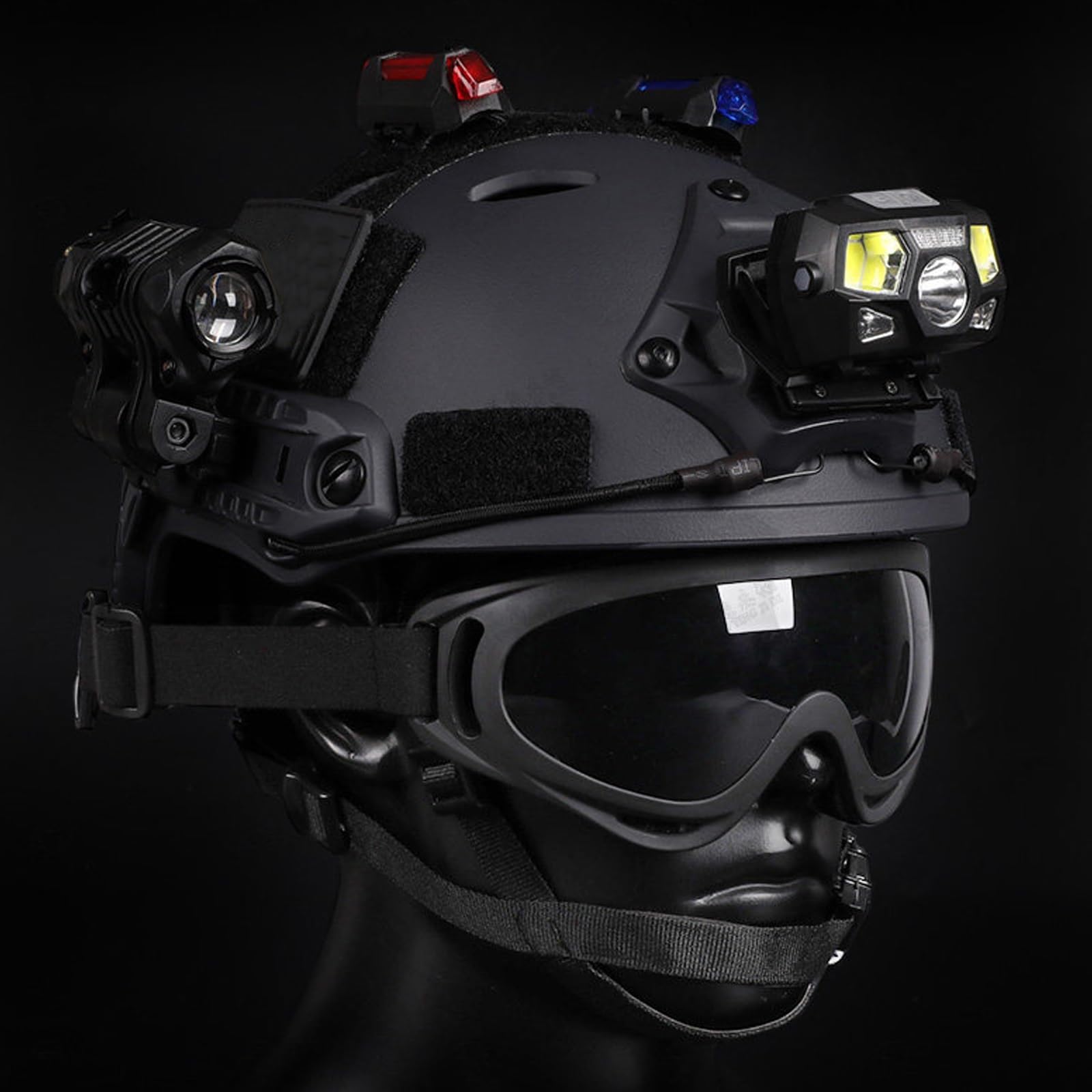 Conjunto de Casco Táctico Ajustable con Gafas Protectoras y Luces de Casco