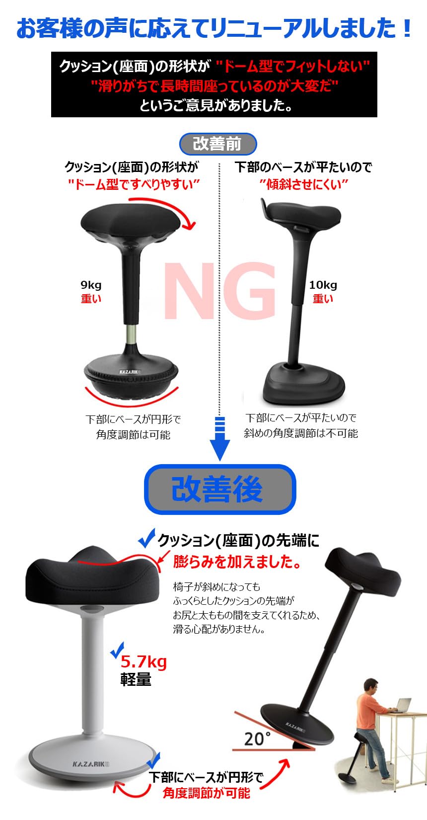 美品　ウォブル　バランスチェア　椅子　スツール　姿勢矯正 Amazon.co.jp: KAZARIKO 昇降式 スタンディング スツール バランス