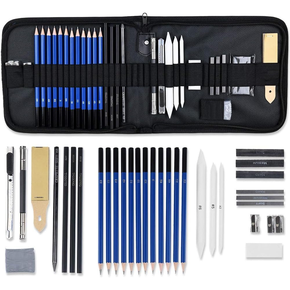 Artownlar 100% Non-Toxic 32 Pieces Professional Sketching Kit for Artists, Shading Drawing Case with Premium Graphite Charcoal Sketch Pencil Kit, Drawing Kit, Art Supplies, Best Gift for Artists, DIY