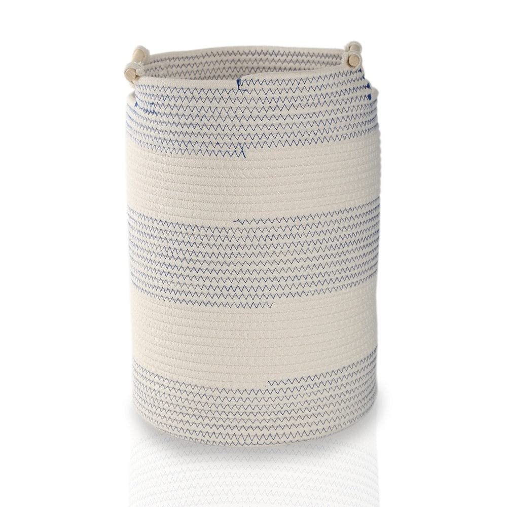 Homes R Us Chevron Basket With Handle, White/Blue - Small Height: 30 Cm Width: 42 Cm Multicolor