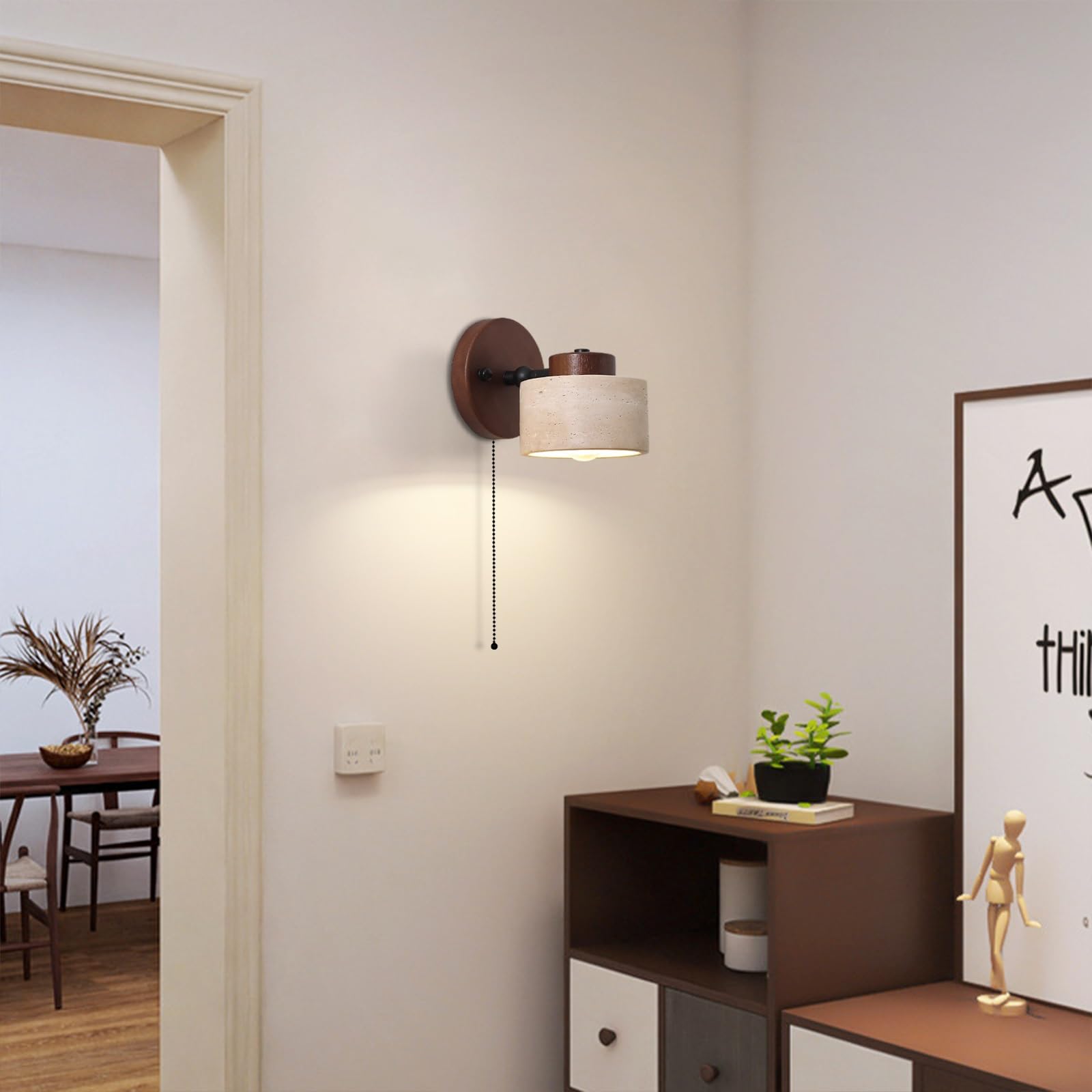 Żółta lampa ścienna z trawertynu, japoński styl oświetlenia artystycznego wabi-sabi, kinkiet ścienny z naturalnego kamienia z drewnianą podstawą i włącznikiem pociąganym(Walnut color)