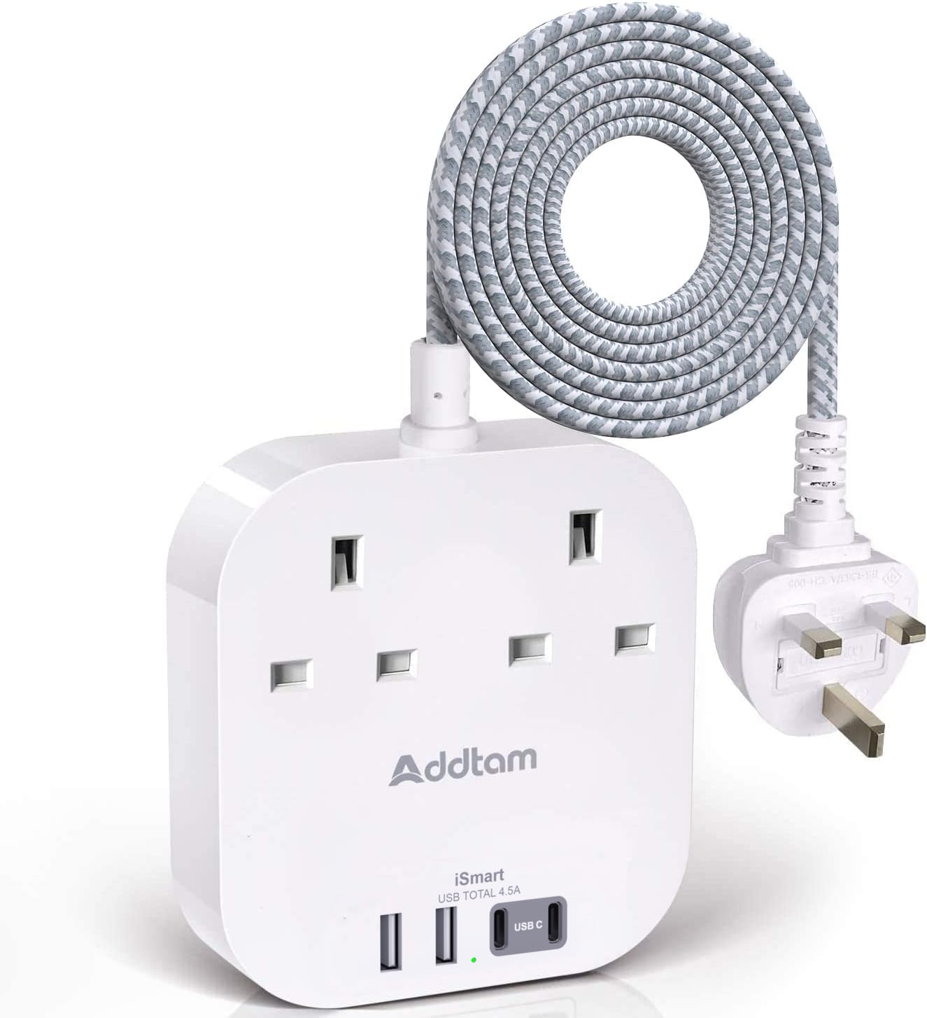 Extension Lead, Power Strips with 2 Way Outlets 4 (4.5A, 2 Type C and 2 USB-A Port) Surge Protection Plug Extension Socket with 1.6M Braided cord for Home Office