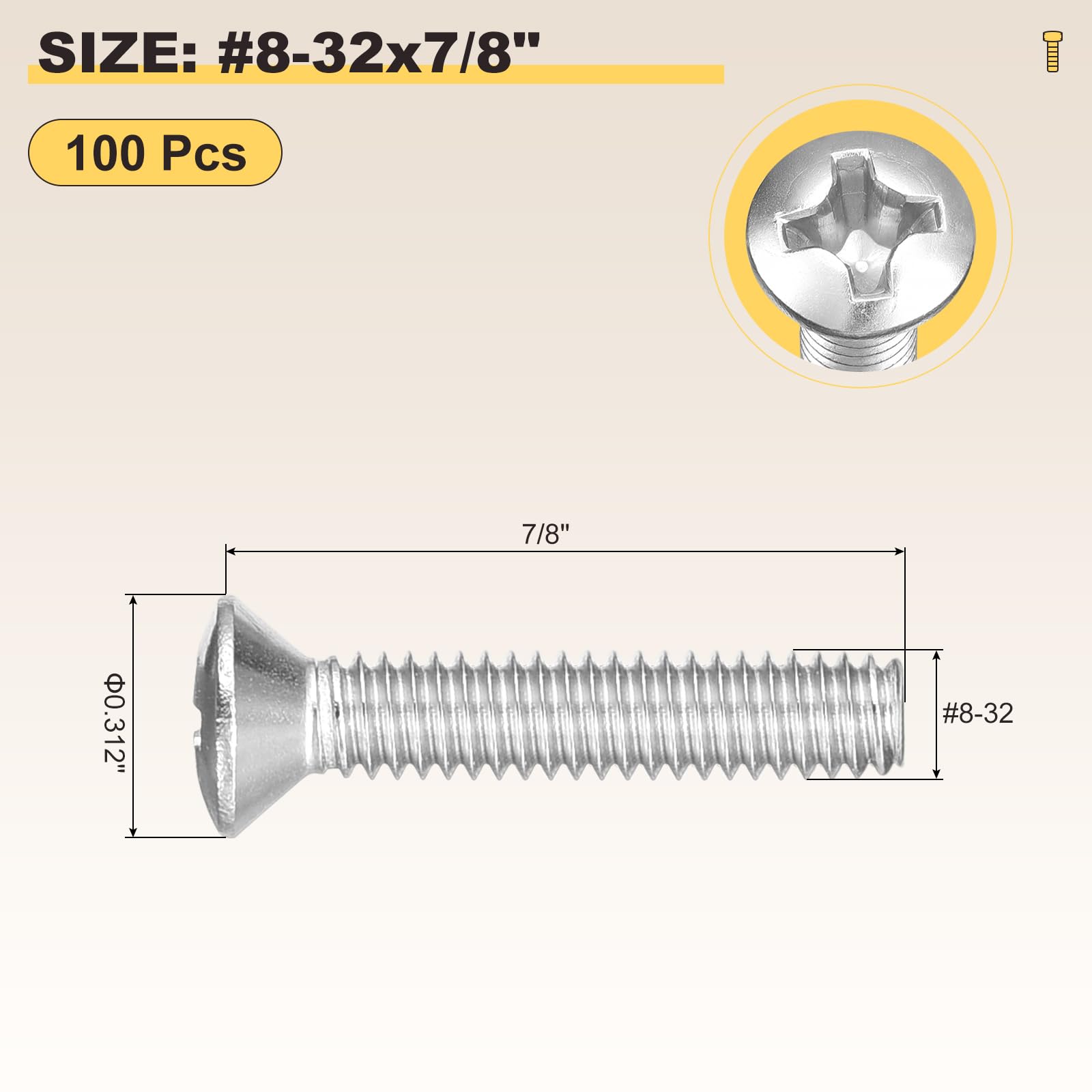 METALLIXITY Phillips Cross Recessed Countersunk Head Screws Bolts (#8-32x7/8") 100Pcs - Image 2