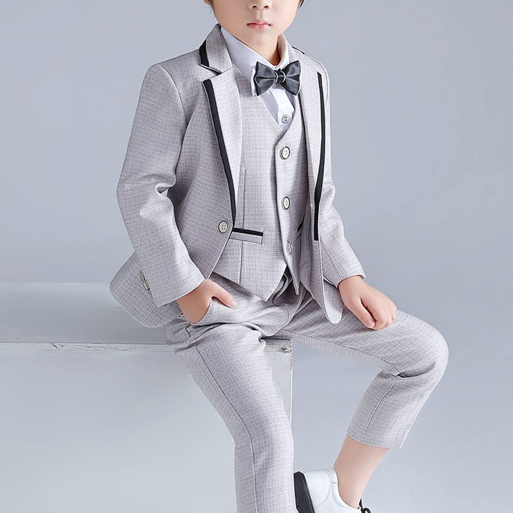 DAIHAN Infantil Traje de niño Actuación Boda Cumpleaños Fiesta Ceremonia Ropa Formal Conjunto de Smoking Chaleco de Vestir Blazer intura Elástica Pantalones Elegantes con Pajarita 2-7 años