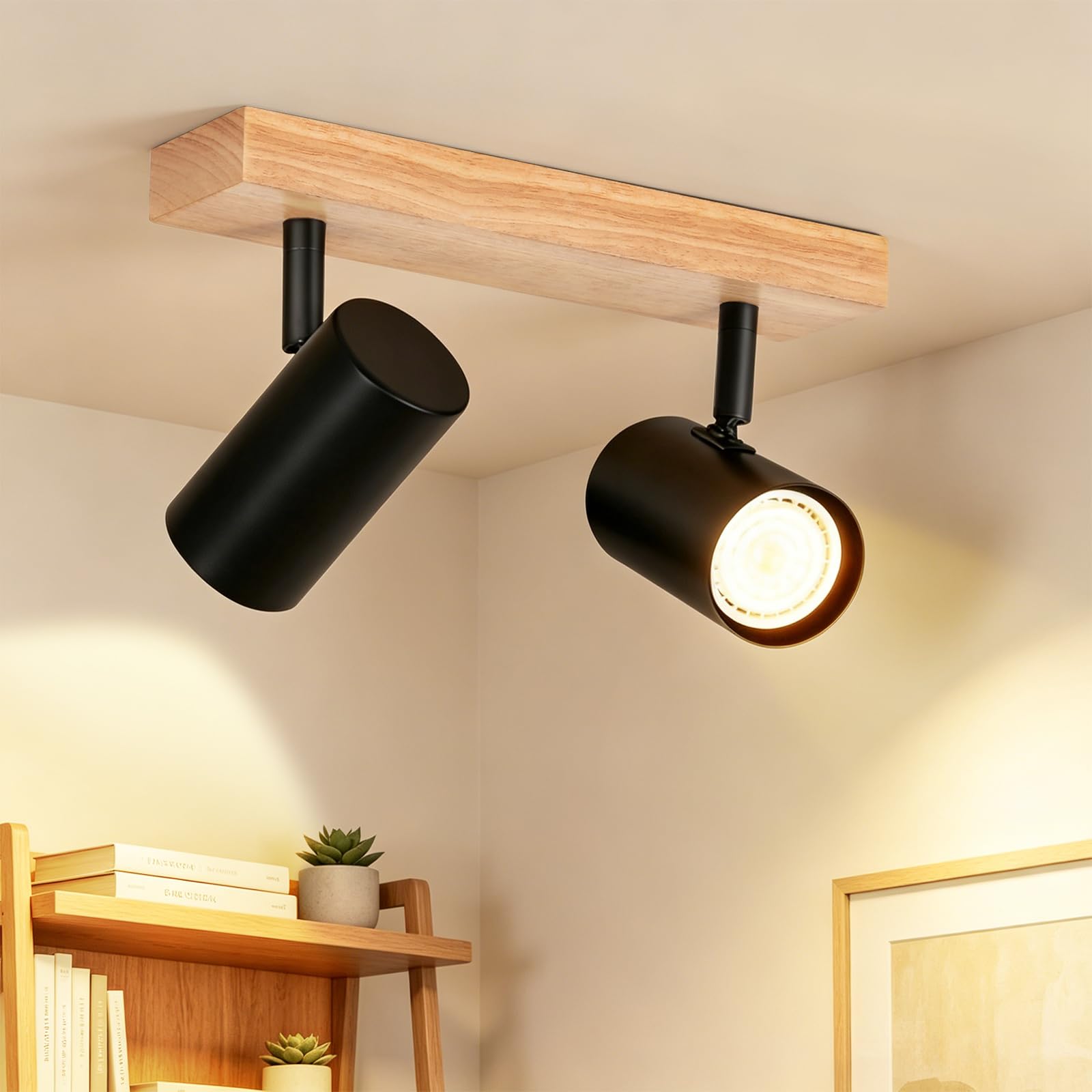 Glitzerlife Deckenstrahler 2 Flammig Deckenlampe Holz - Flurlampe Deckenspots GU10 Deckenleuchte Schwarz 350° Schwenkbar Vintage Industrial Retro für Flur Wohnzimmer Schlafzimmer Küche Esszimmer