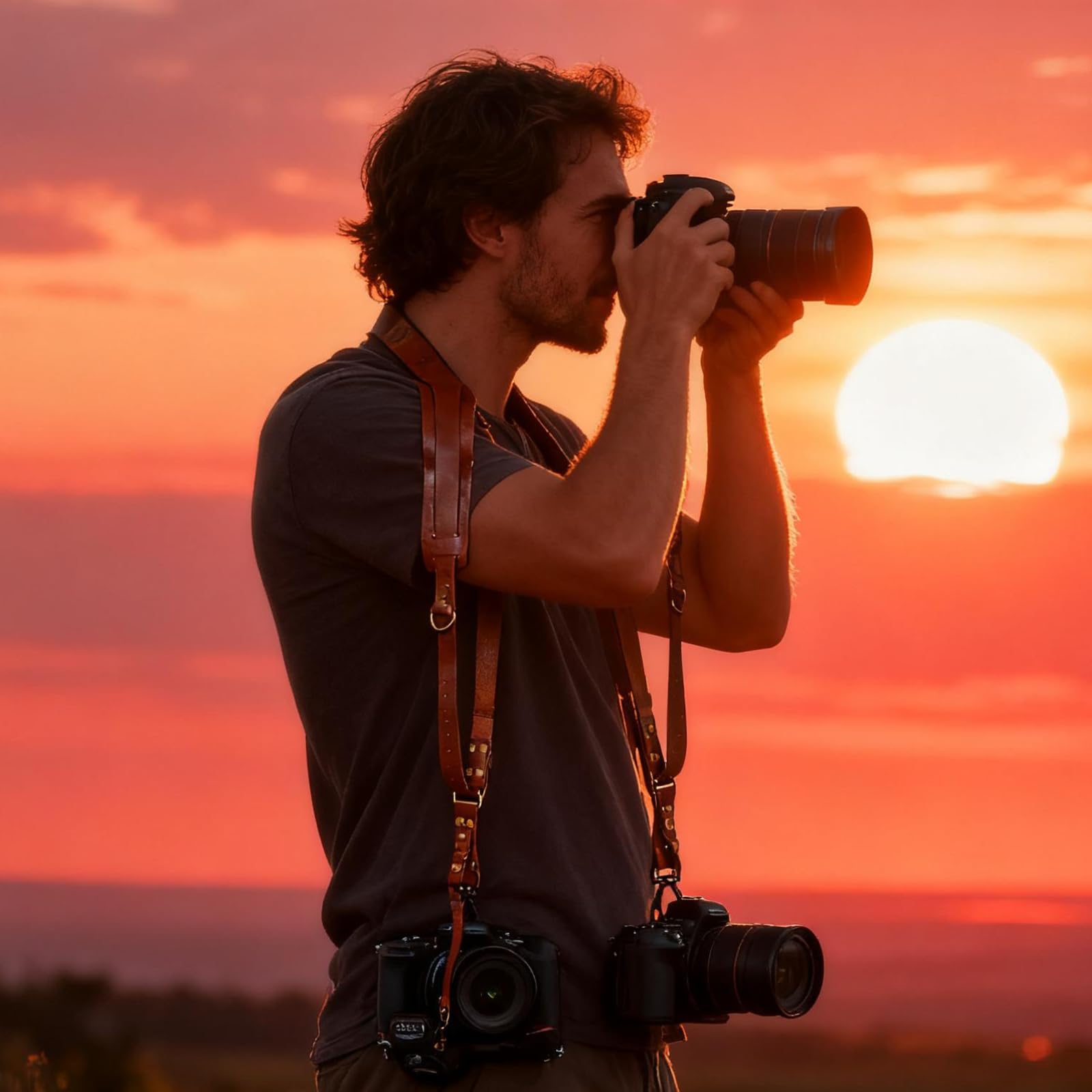 Imbracatura per fotocamera, doppia fotocamera per fotografi, tracolla in pelle per due fotocamere per DSLR/SLR