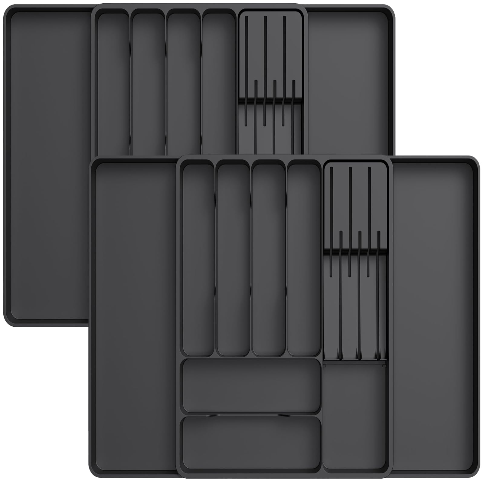 Lifewit2 Pack Cutlery Drawer Organiser for Kitchen, Expandable Cutlery Tray with Knife, Adjustable Utensil and Silverware Holder, Plastic Flatware Spoons Forks Storage Insert, Large, Black