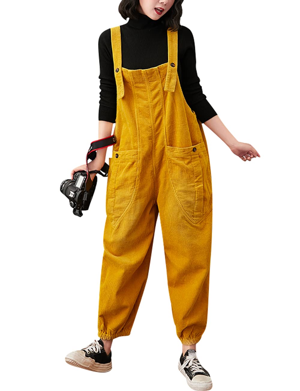 Bigassets Women's Yellow Corduroy Dungarees Casual Baggy Jumpsuits With Pockets Xl
