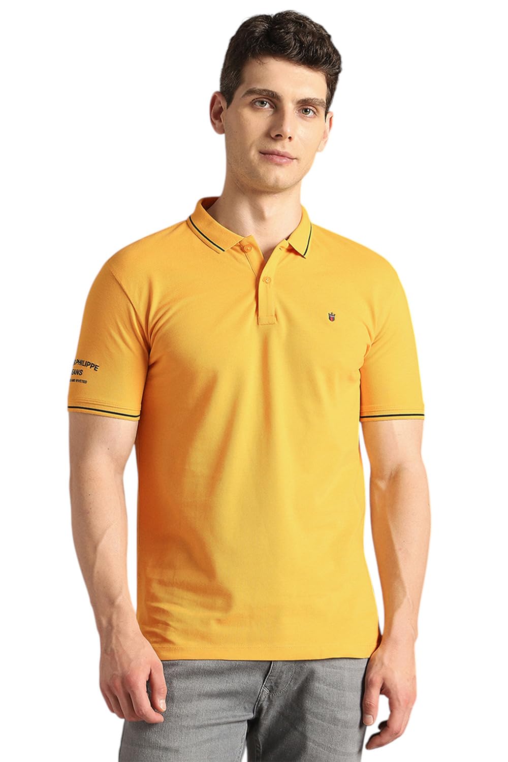 Louis Philippe Men's Slim Fit 24s Single-Tuck Pique Stylized Sleeve Print and Contrast Tipping Half Sleeve Solid Polo Cotton T-Shirt Price In India