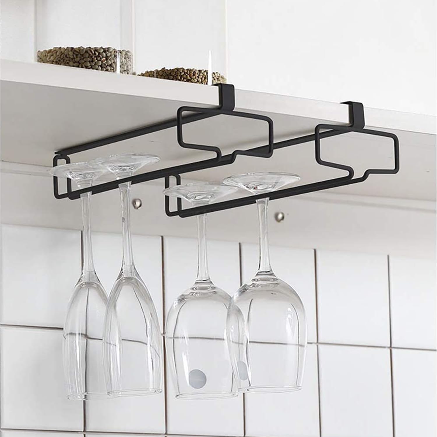 COMZPLIFE 2Pcs Wine Glass Holder Stemware Rack Hanger Under Cabinet Wine Glass Rack Kitchen Hanging Glass Storage Rack Organizer,Black