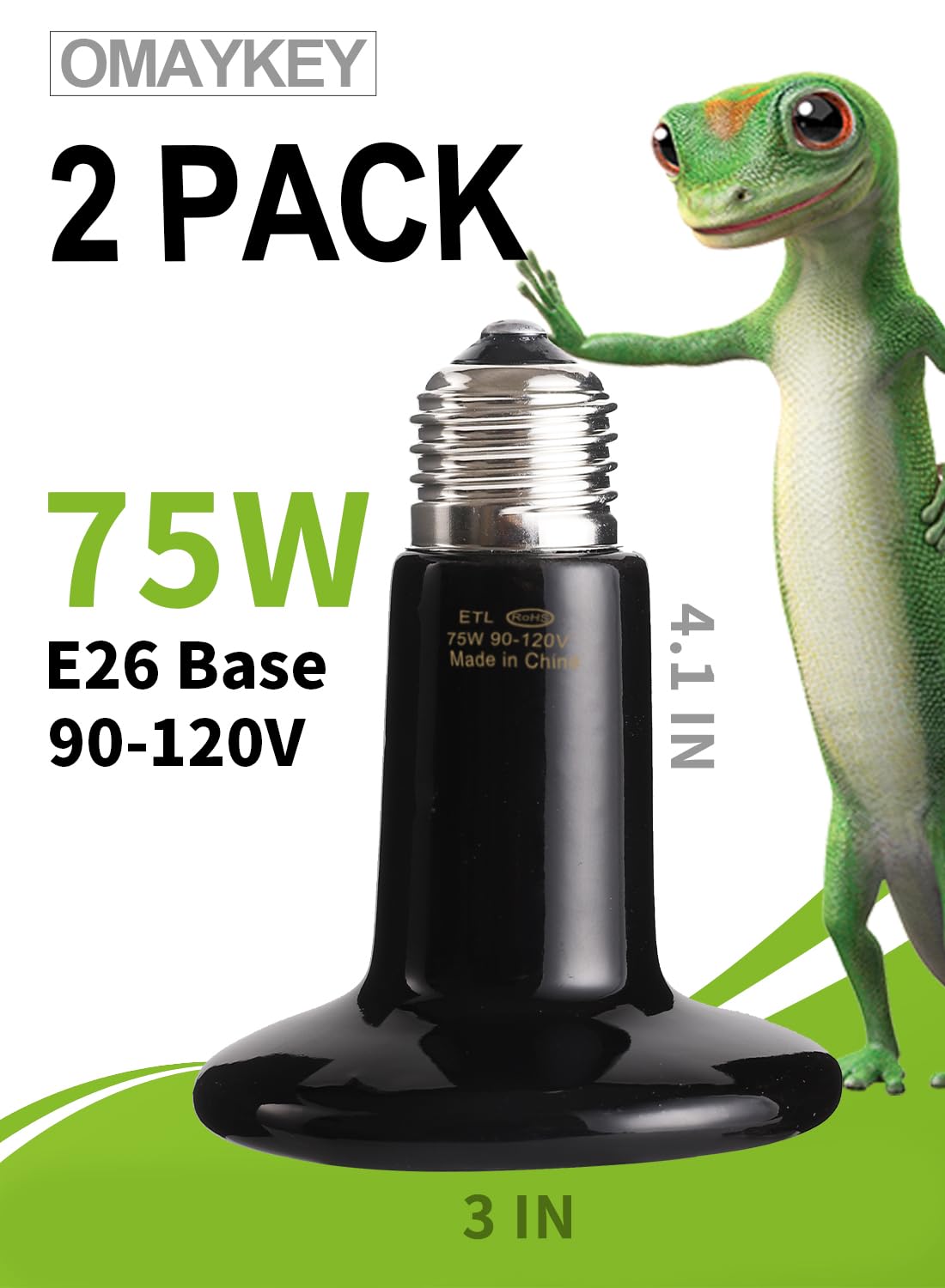 OMAYKEY 75W Ceramic Infrared Emitter - No Light Reptiles Heater, for Bearded Dragons, Lizards, Turtles, Snakes, Amphibians & Chickens - ETL Certified Heat Lamp Bulbs(2 Pack) - image 3