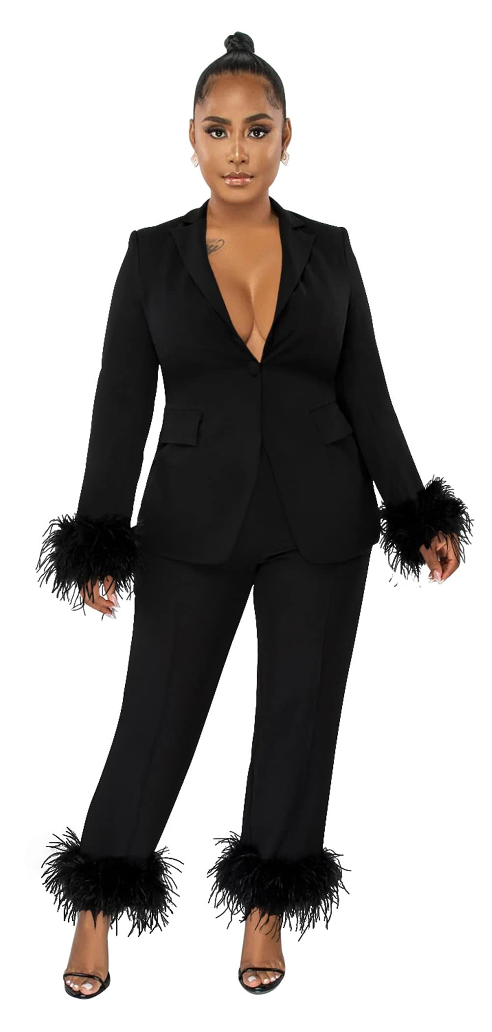 Womens Sexy Pieces Solid Color Button Feather Blazer Suit Pants Set  Casual Tracksuit Suits Set