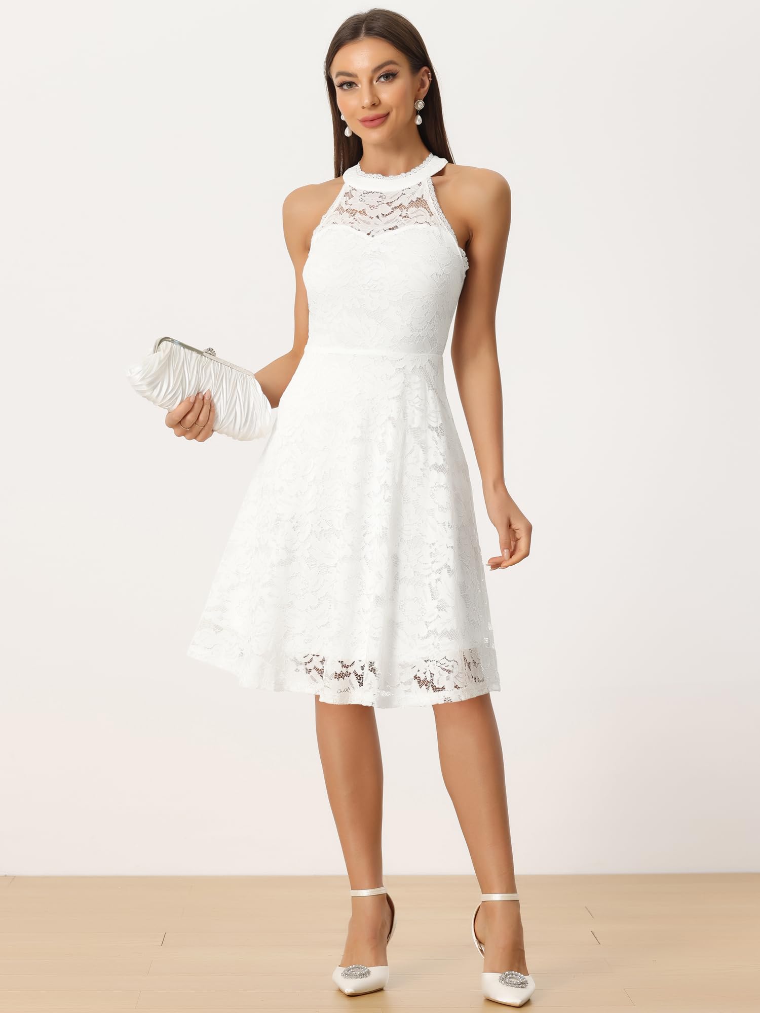 Allegra K Vestido de cóctel de encaje para mujer, elegante, halter, para invitada de boda, dama de honor, vestido de fiesta