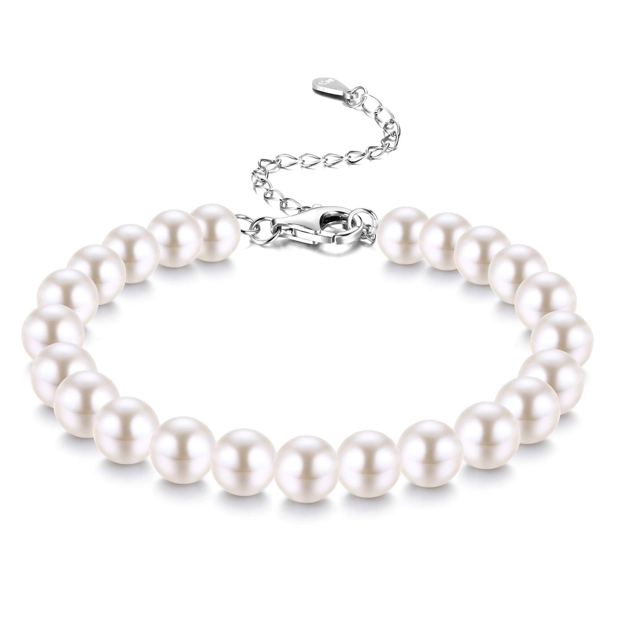 JeweBella 4mm/6mm/8mm/10mm Pulsera de Perlas de Plata de Ley 925 para Mujer Perla Pulsera Hipoalergénicos 18+6cm Ajustable Pulsera de Perlas para Mujer Niña con Caja