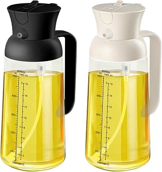 YARRAMATE 18oz/550ml Olive Oil Sprayer Mister with Measuring Scale, 2-in-1 Glass Bottle Dispenser for Cooking, Pour and Spray, Kitchen Use for Air Fryer, BBQ Black & White