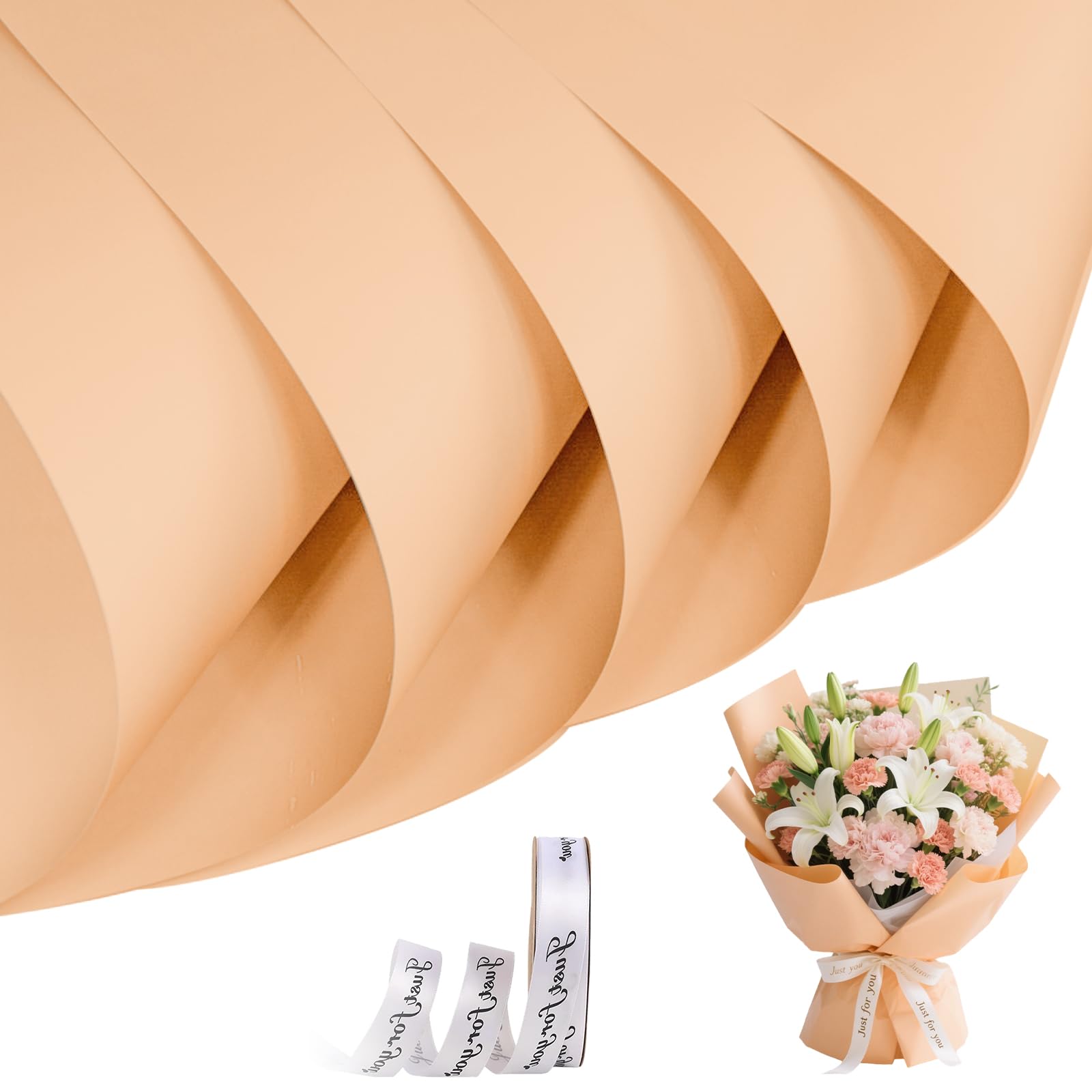 20 Sheets Flower Bouquet Wrapping Paper,Waterproof Flower Wrapping Paper,Flowers Gift Wrapping Paper with Rolls Ribbons for DIY crafts,Flowers Shop Bouquet Packaging (Dark cowhide)