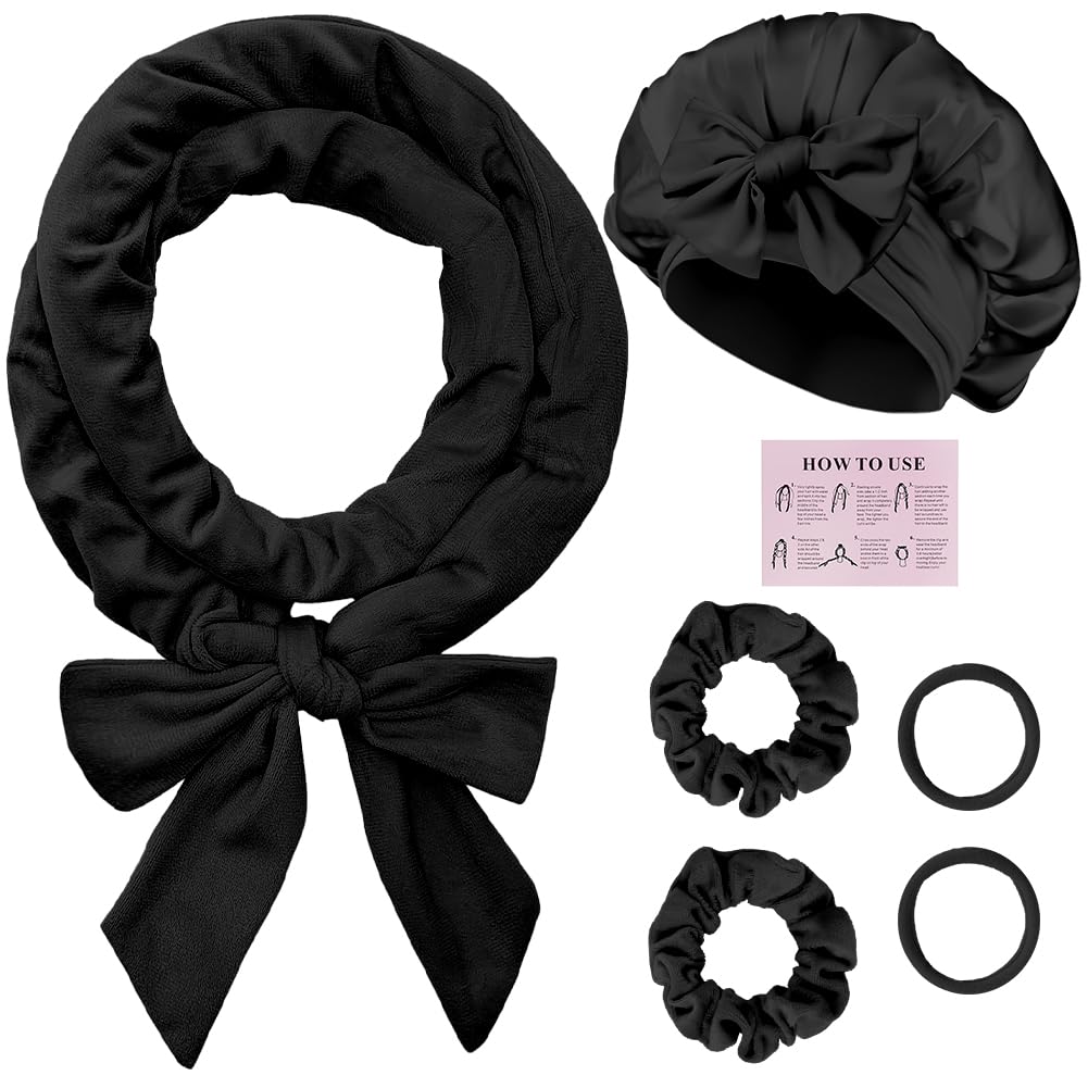 Bigodino per Boccoli, Fascia Bigodino 6 Kit Fai da Te, Con Cuffia di Seta, Senza Calore, Con Fascia per Capelli, Morbido, per Salon Barber, Capelli Medi Lunghi- Nero