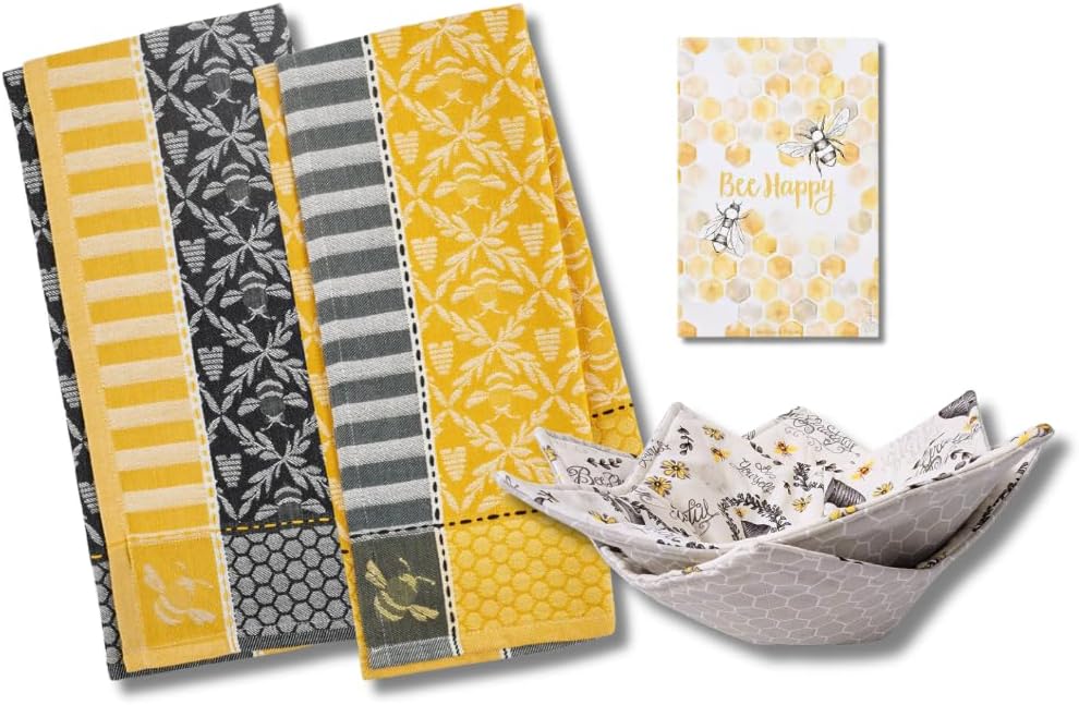 Honey Bee Kitchen Decor Set with 18" x 28" Cotton Jacquard Dish Towels, 8" Microwave Bowl Cozies, and Bee Happy Citrus Scented Sachet Packet, 5 Pieces
